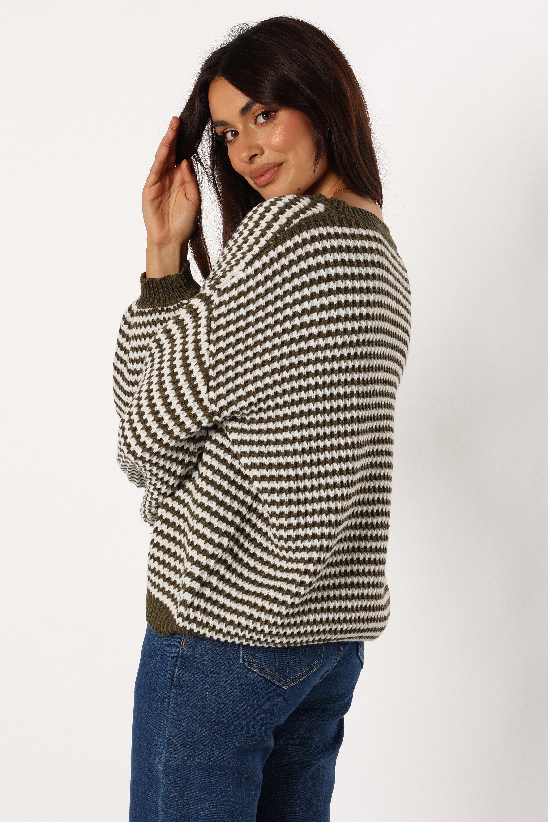 KNITWEAR Becca Crewneck Waffle Stitch Stripe Knit Sweater - Olive