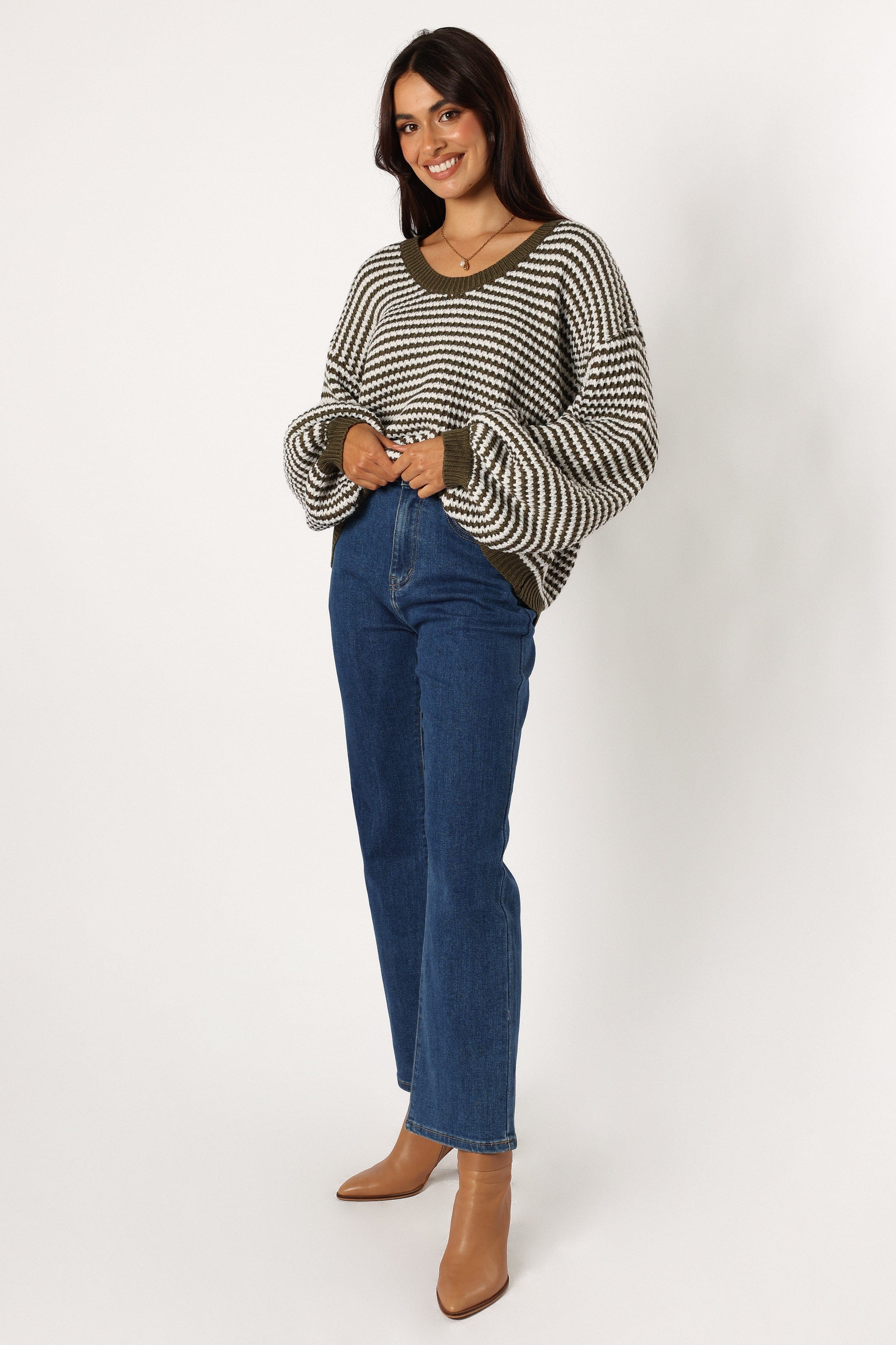 KNITWEAR Becca Crewneck Waffle Stitch Stripe Knit Sweater - Olive