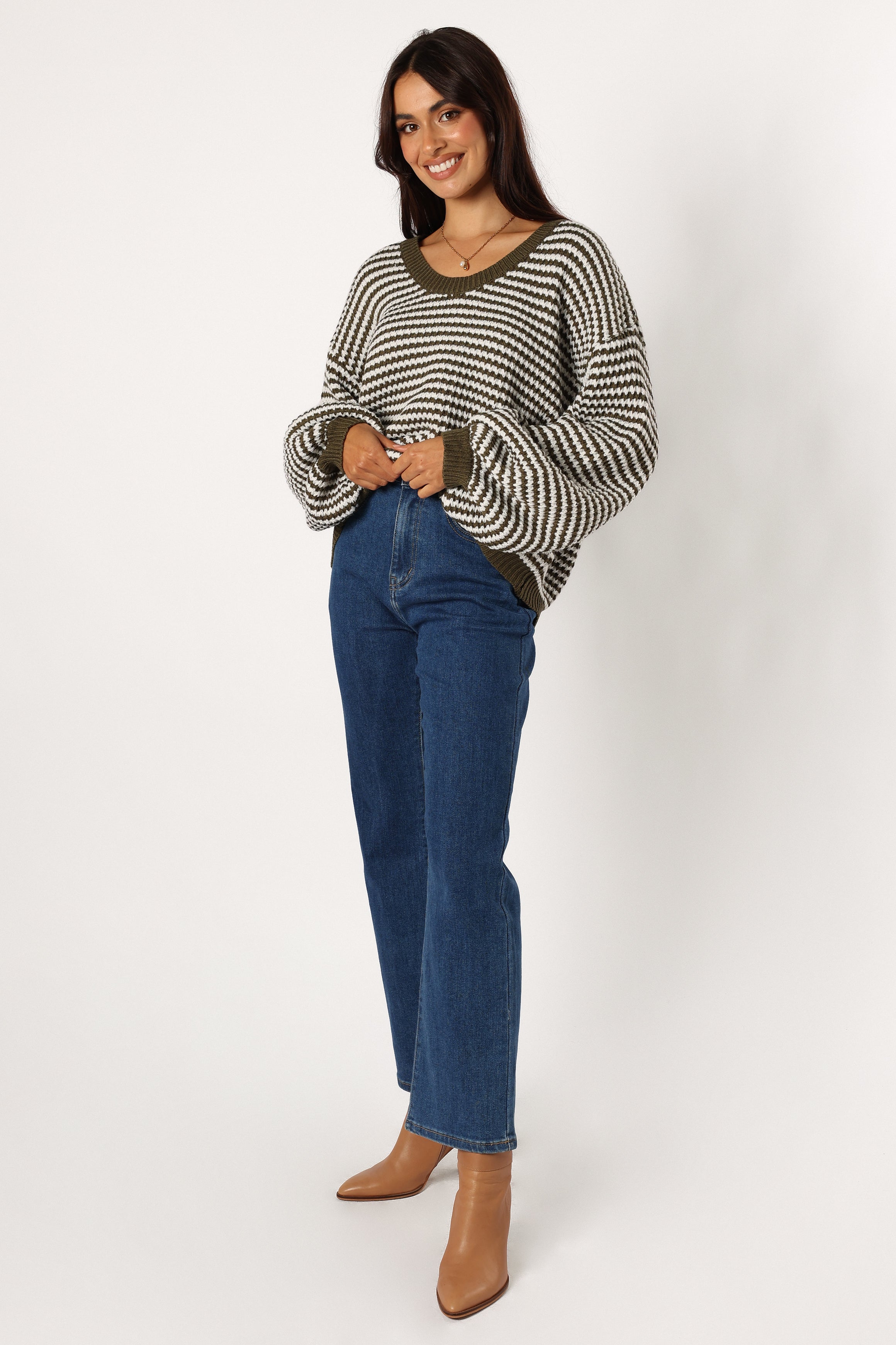 KNITWEAR Becca Crewneck Waffle Stitch Stripe Knit Sweater - Olive