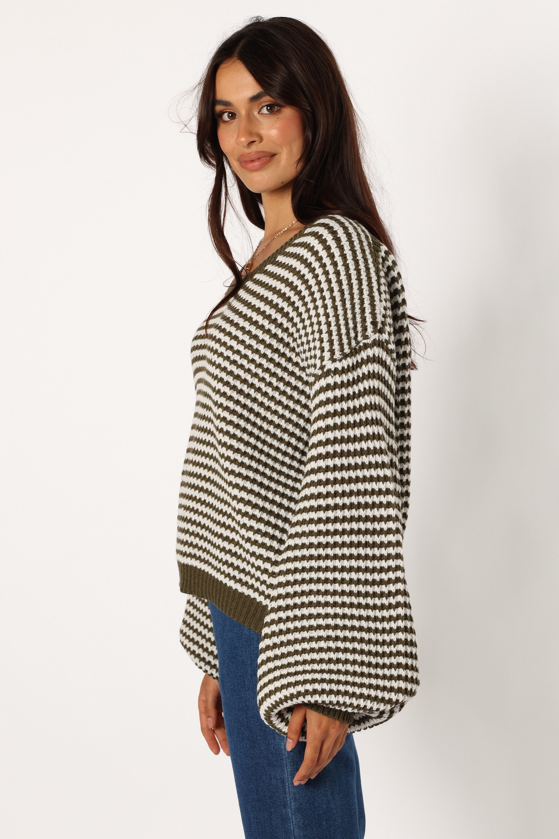 KNITWEAR @Becca Crewneck Waffle Stitch Stripe Knit Sweater - Olive