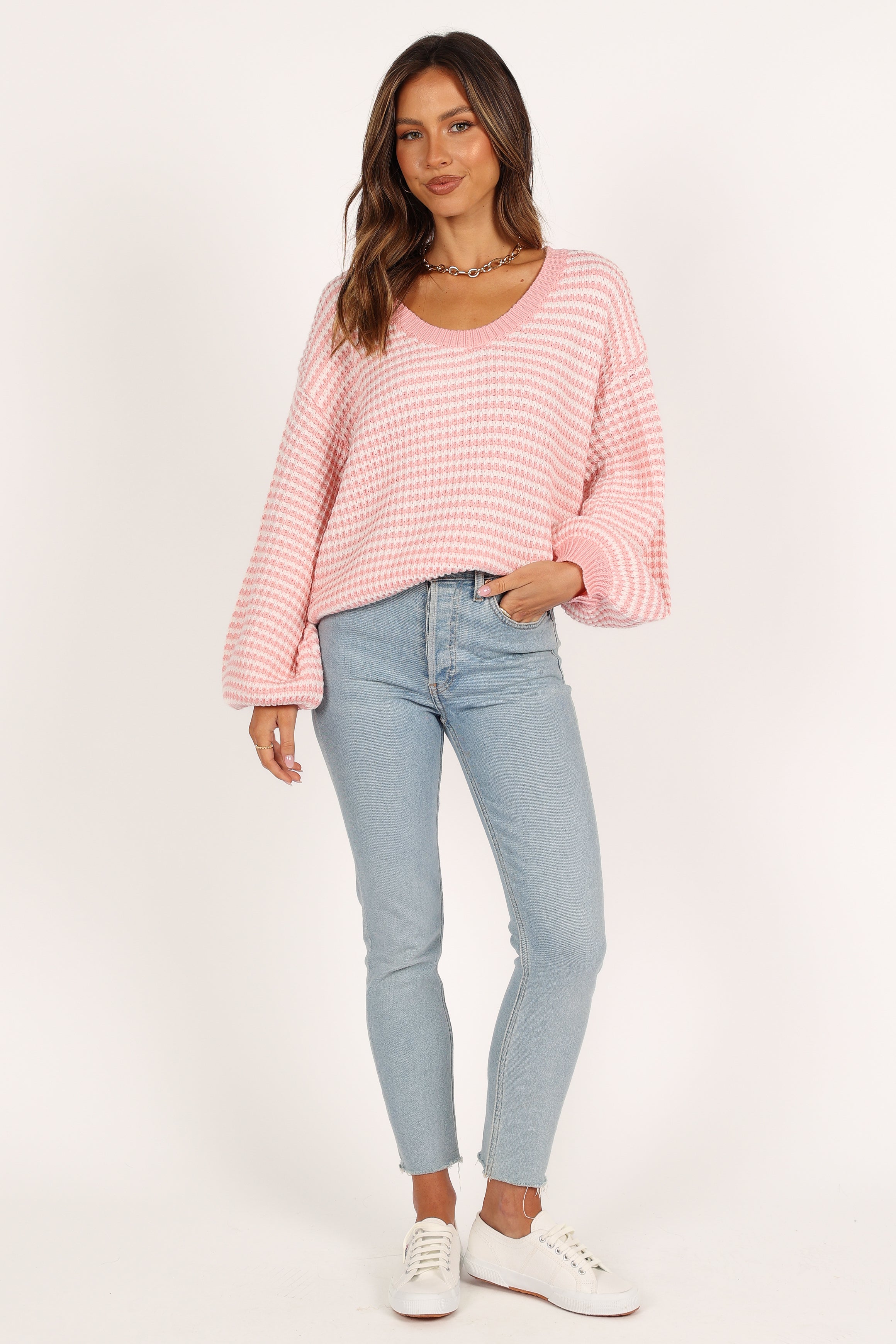 KNITWEAR Becca Crewneck Waffle Stitch Stripe Knit Sweater - Pink