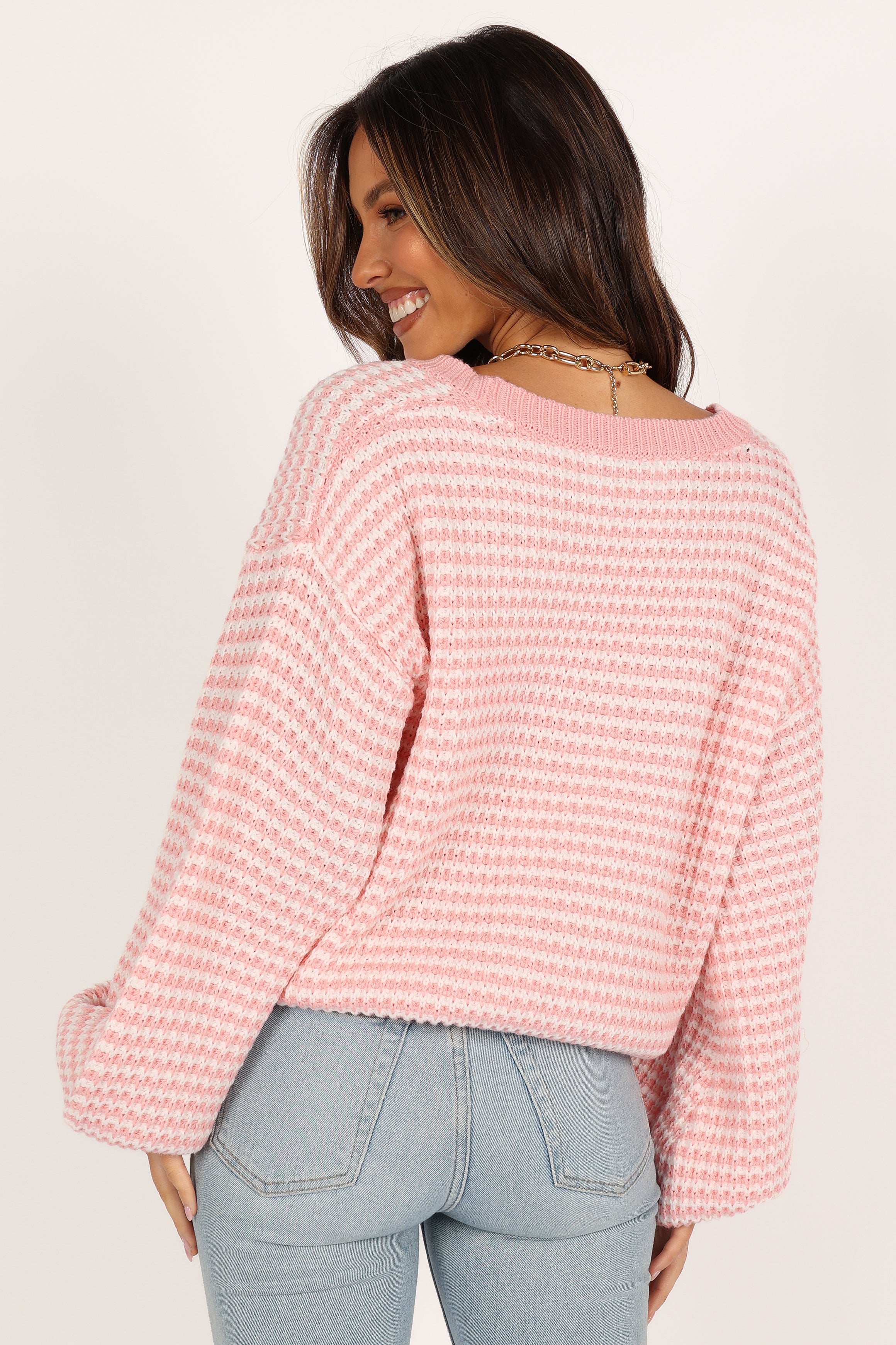KNITWEAR Becca Crewneck Waffle Stitch Stripe Knit Sweater - Pink