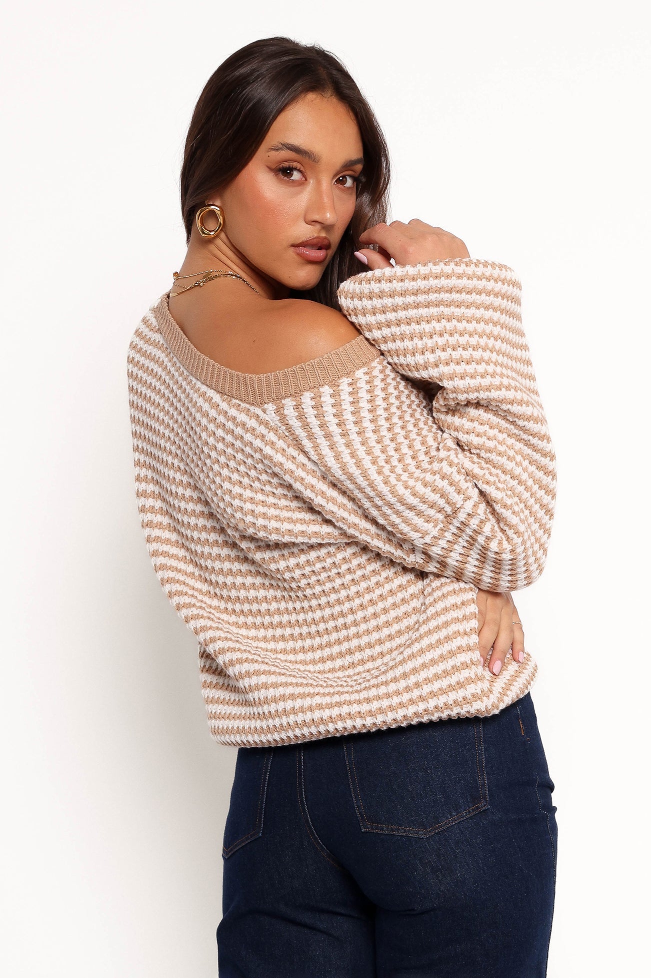 KNITWEAR Becca Crewneck Waffle Stitch Stripe Knit Sweater - Tan