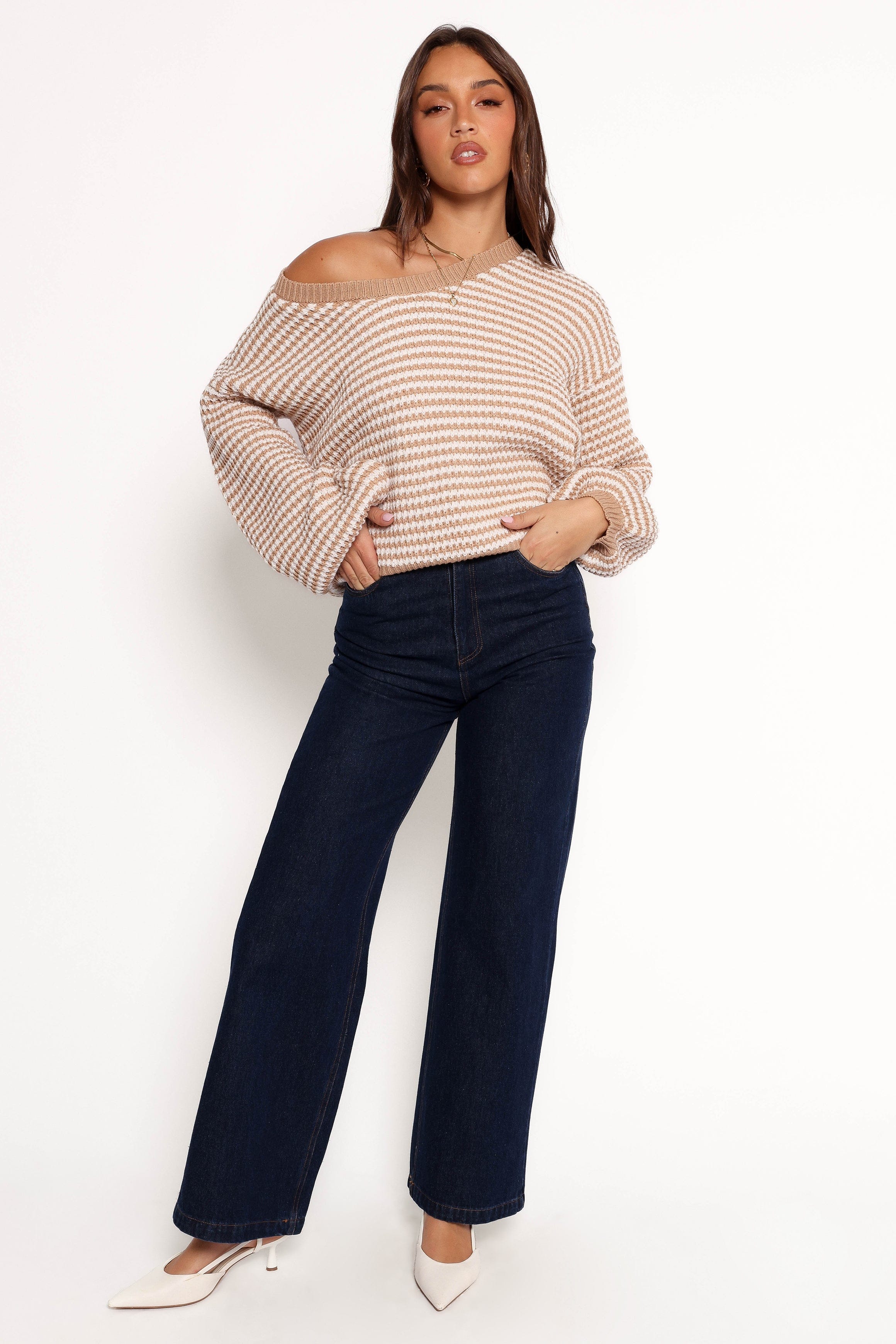 KNITWEAR Becca Crewneck Waffle Stitch Stripe Knit Sweater - Tan