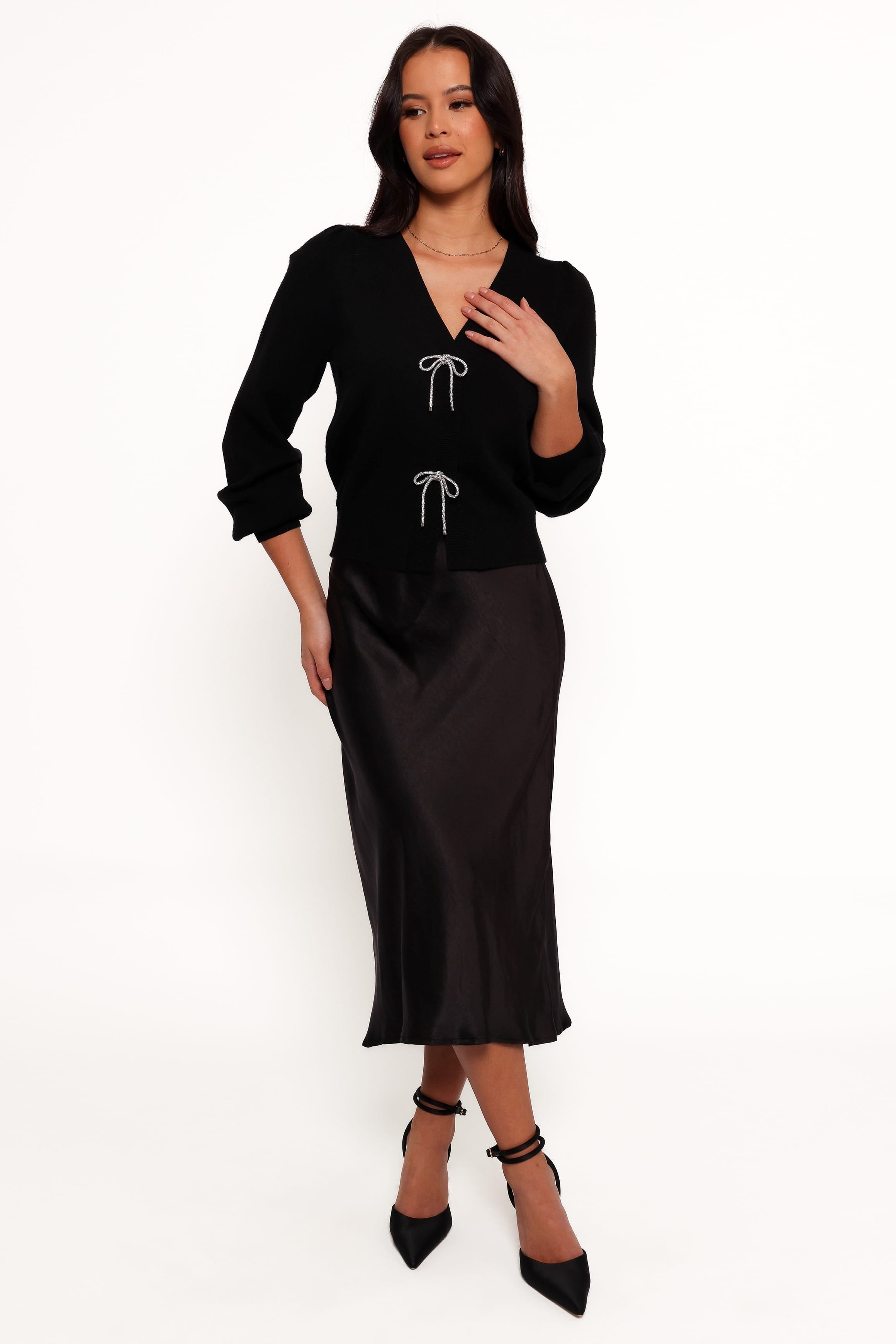 KNITWEAR Brayley Long Puff Sleeve Ribbon Trim Cardigan - Black