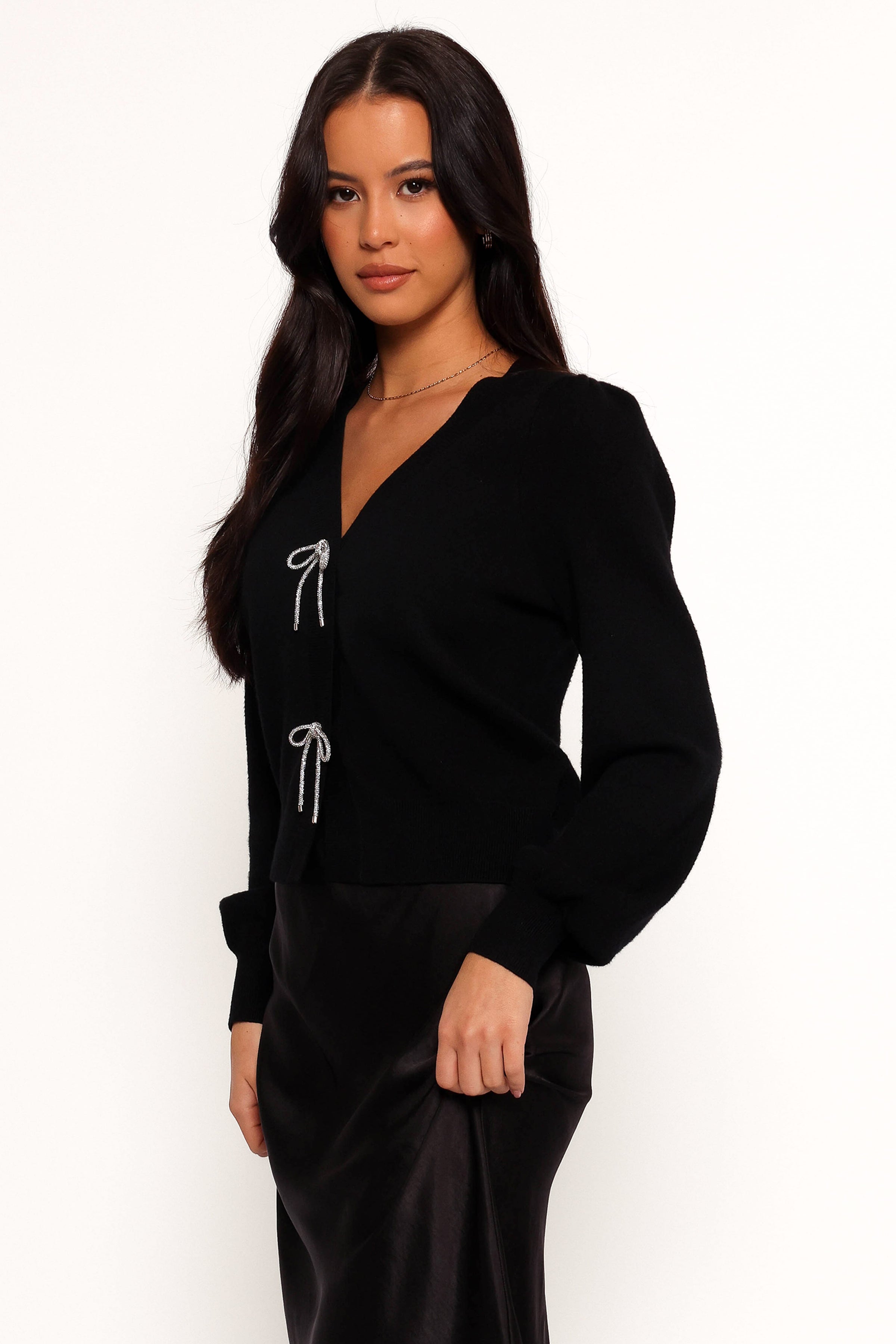 KNITWEAR Brayley Long Puff Sleeve Ribbon Trim Cardigan - Black