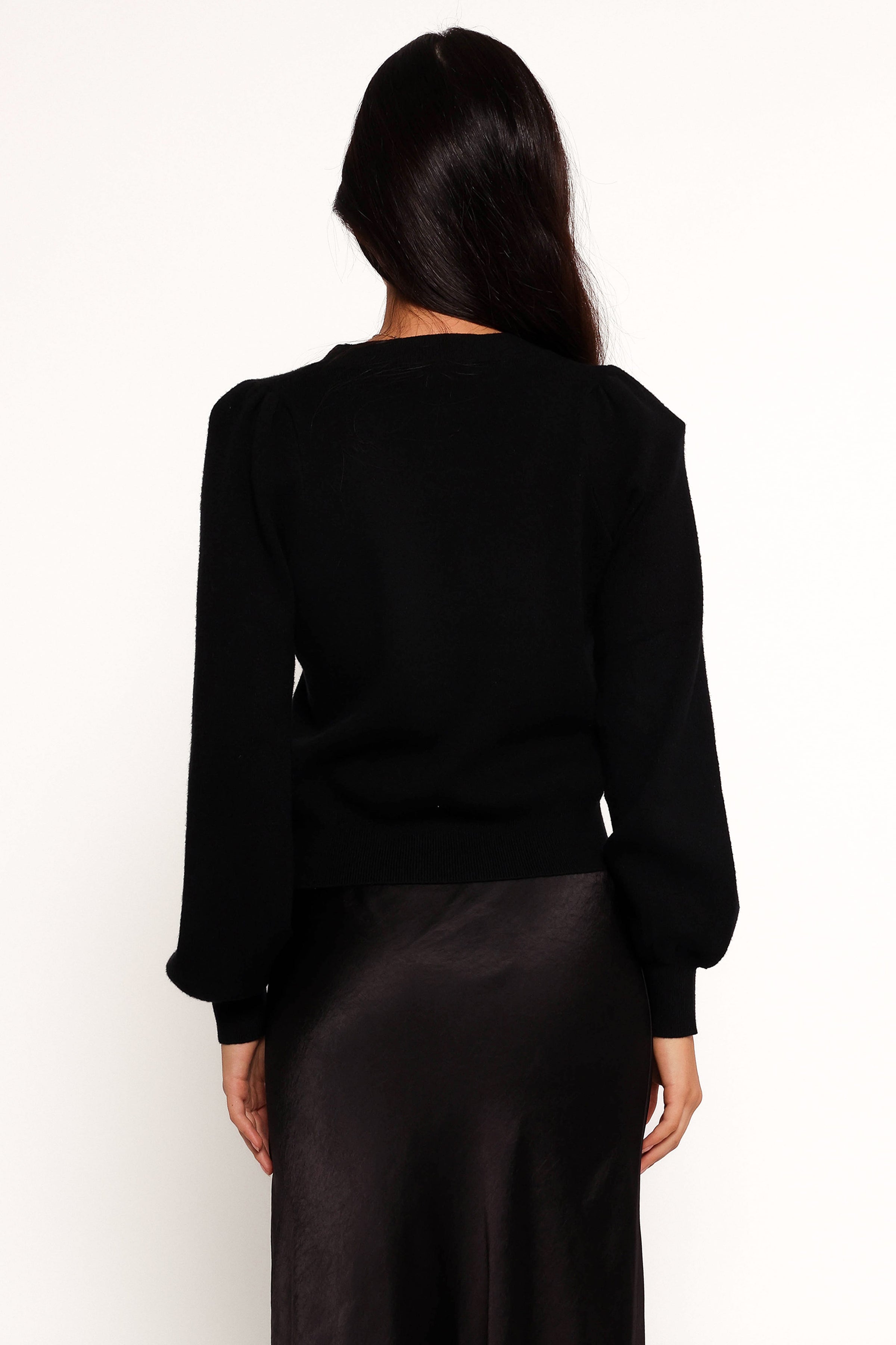 KNITWEAR Brayley Long Puff Sleeve Ribbon Trim Cardigan - Black