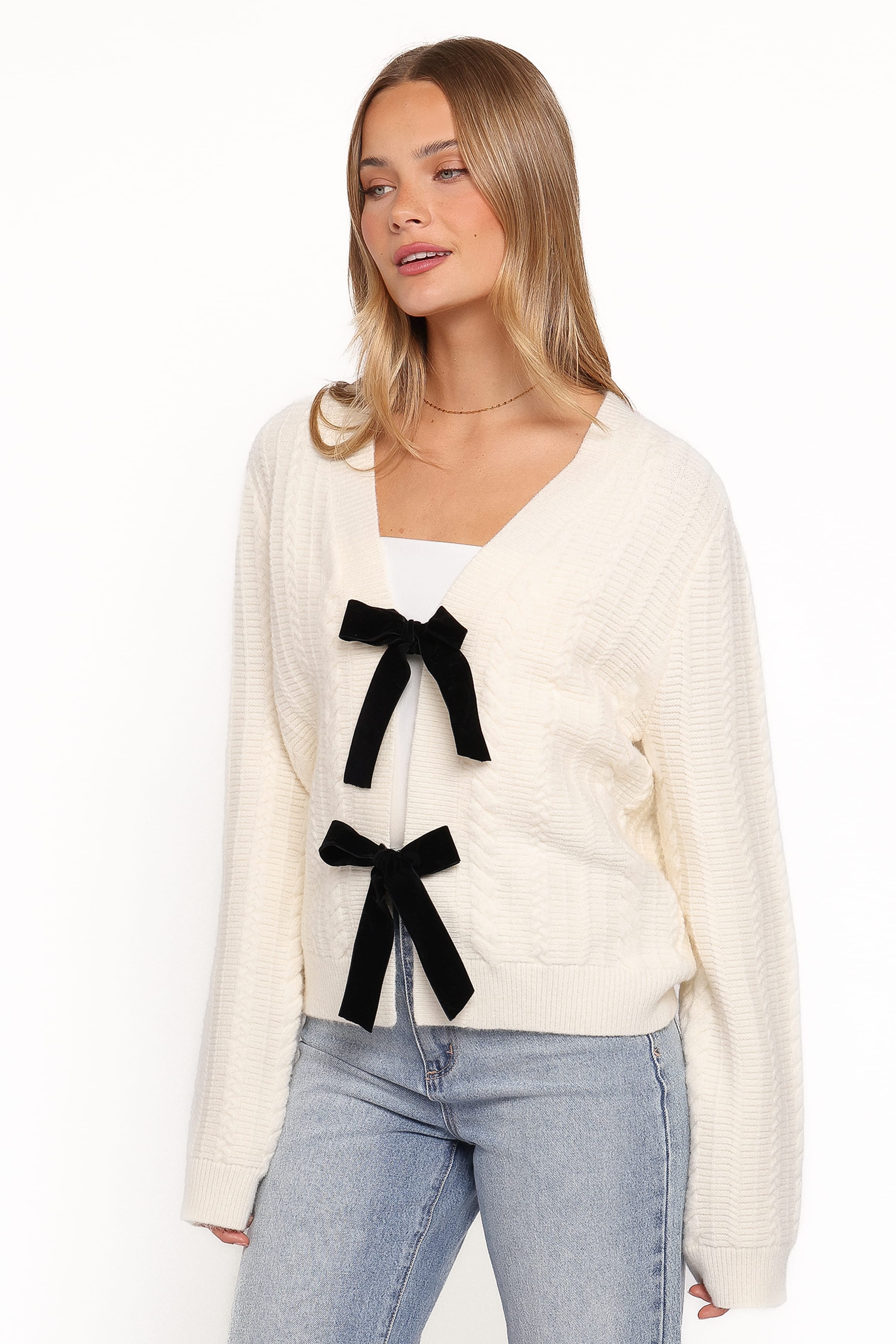 KNITWEAR Bree Velvet Bow Cardigan - Cream