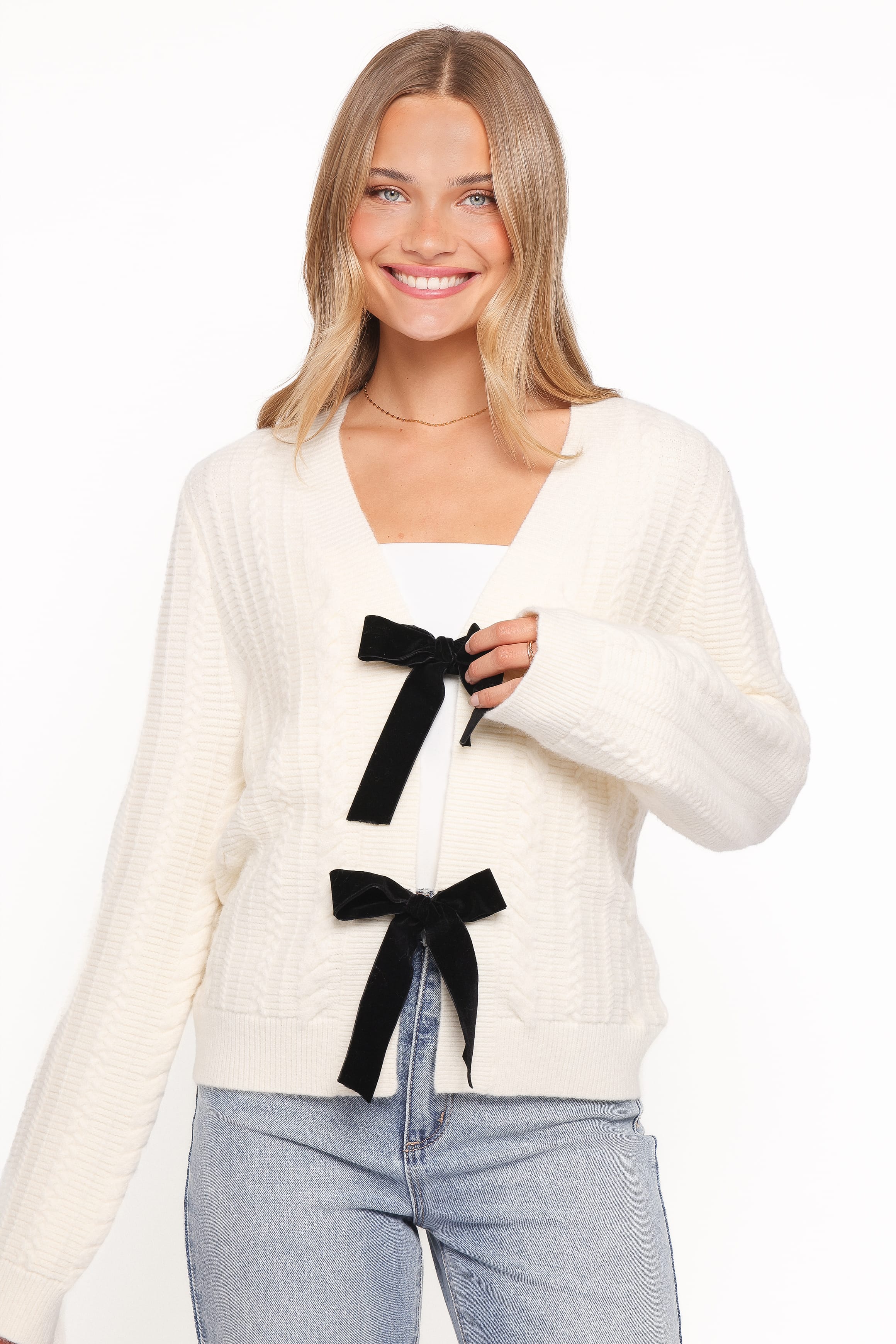 KNITWEAR Bree Velvet Bow Cardigan - Cream