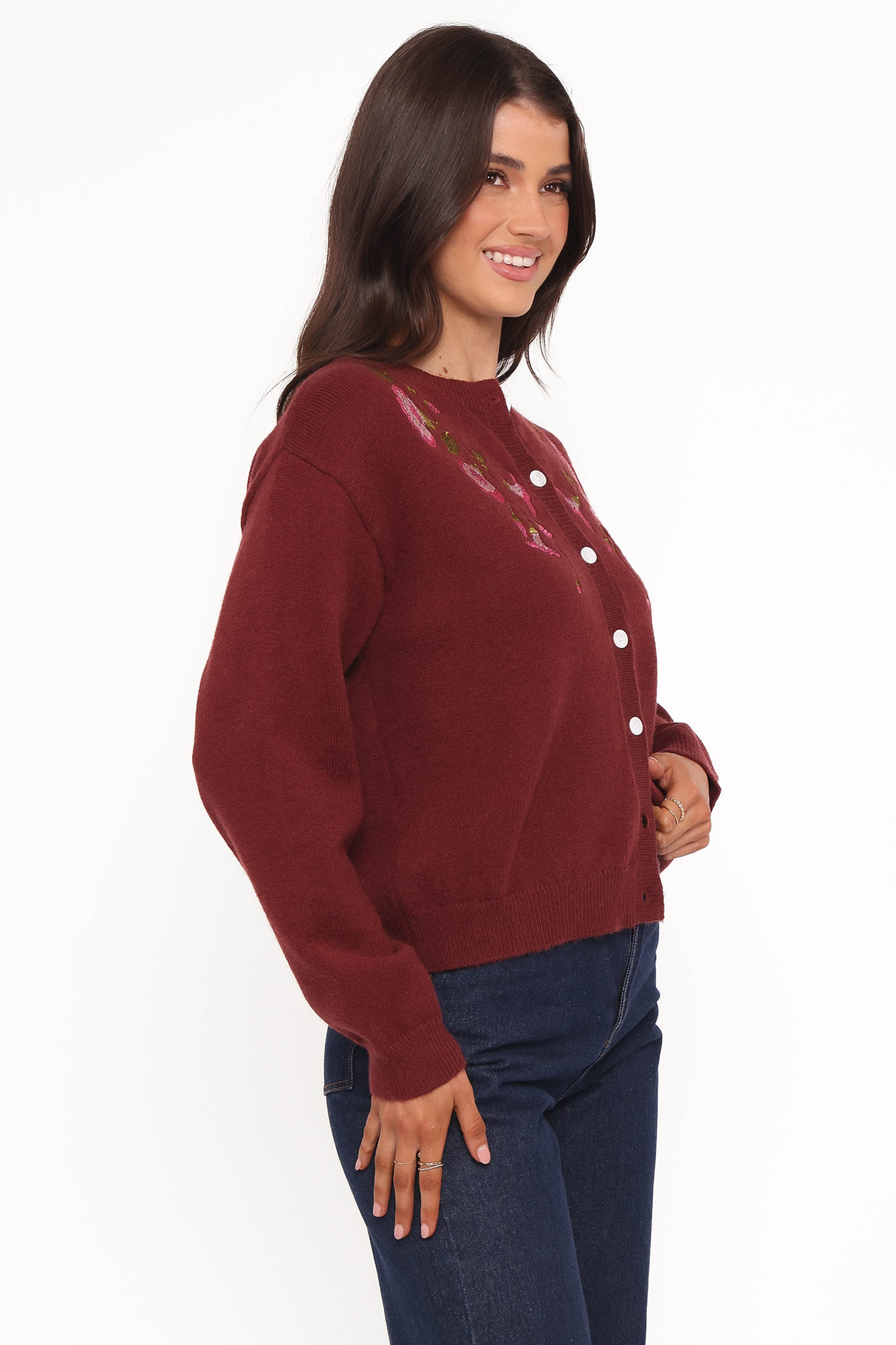 KNITWEAR Brittany Placed Embroidery Flower Cardigan - Burgundy