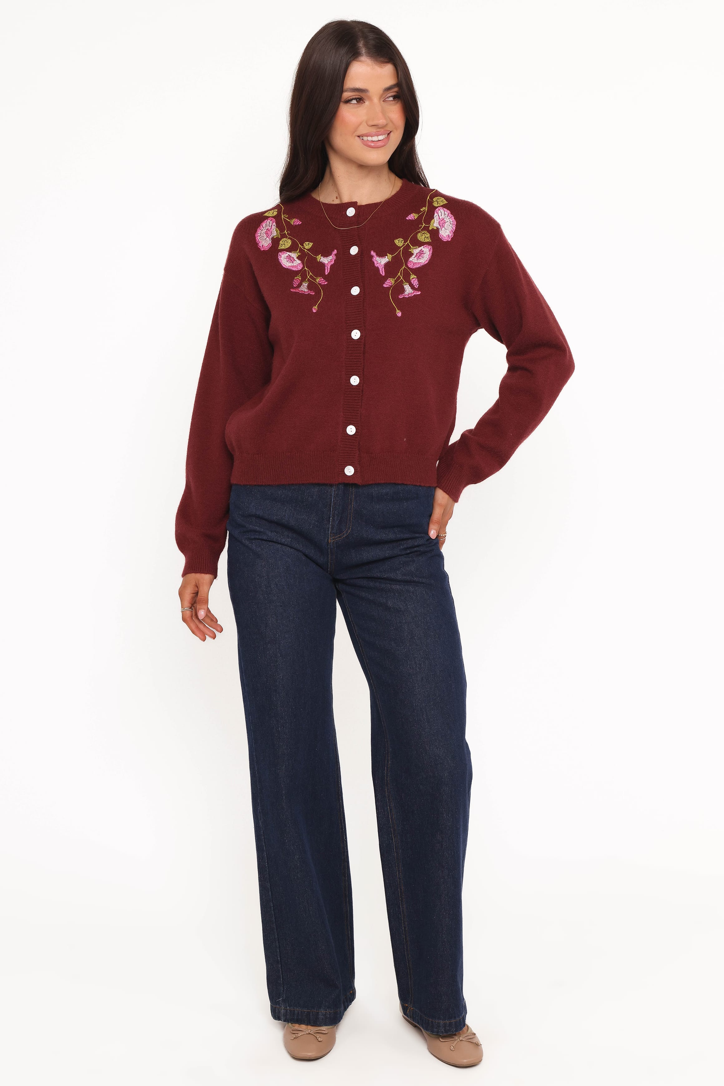 KNITWEAR Brittany Placed Embroidery Flower Cardigan - Burgundy