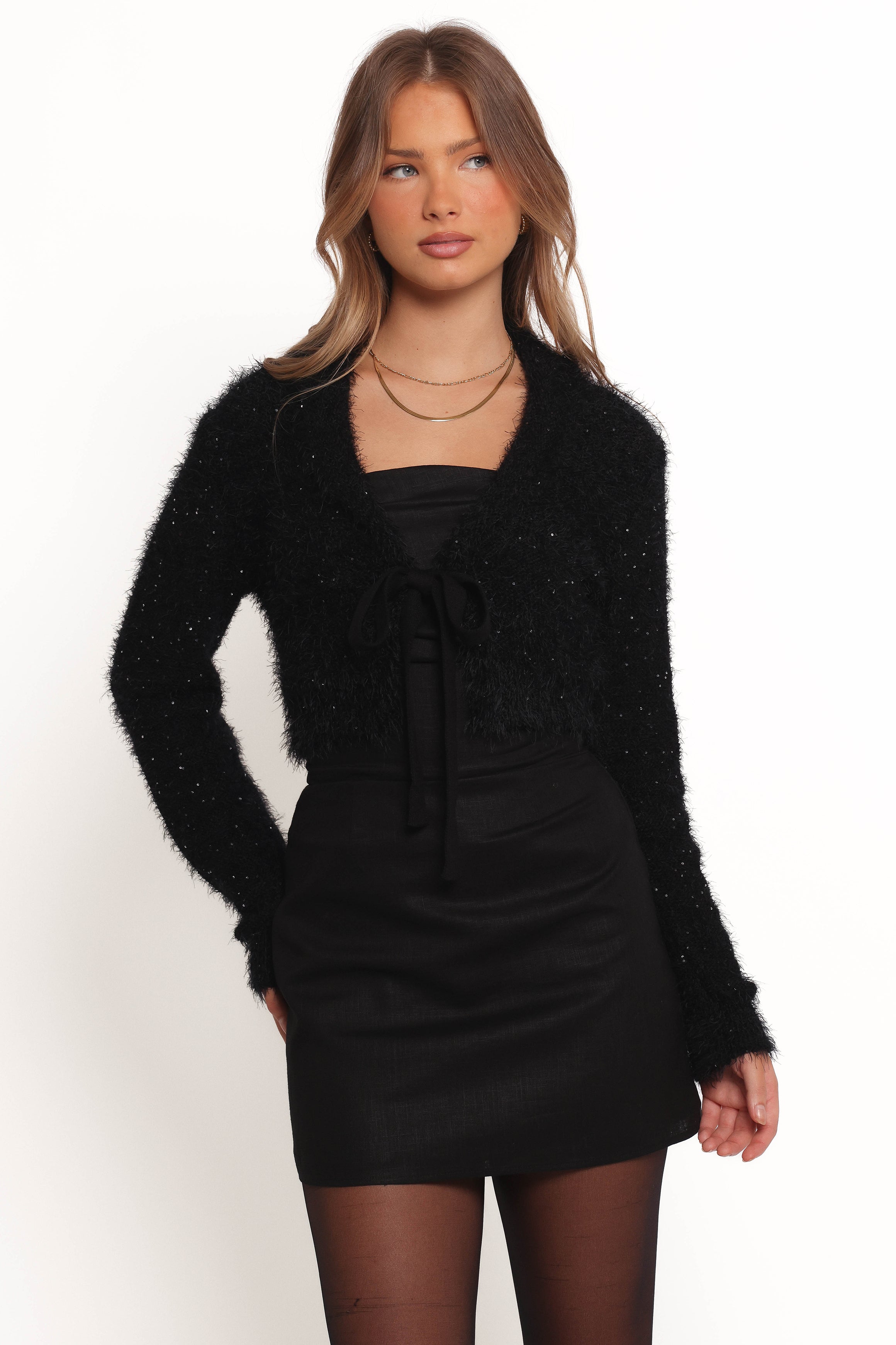 KNITWEAR Capra Fuzzy Tie Front Cardigan - Black