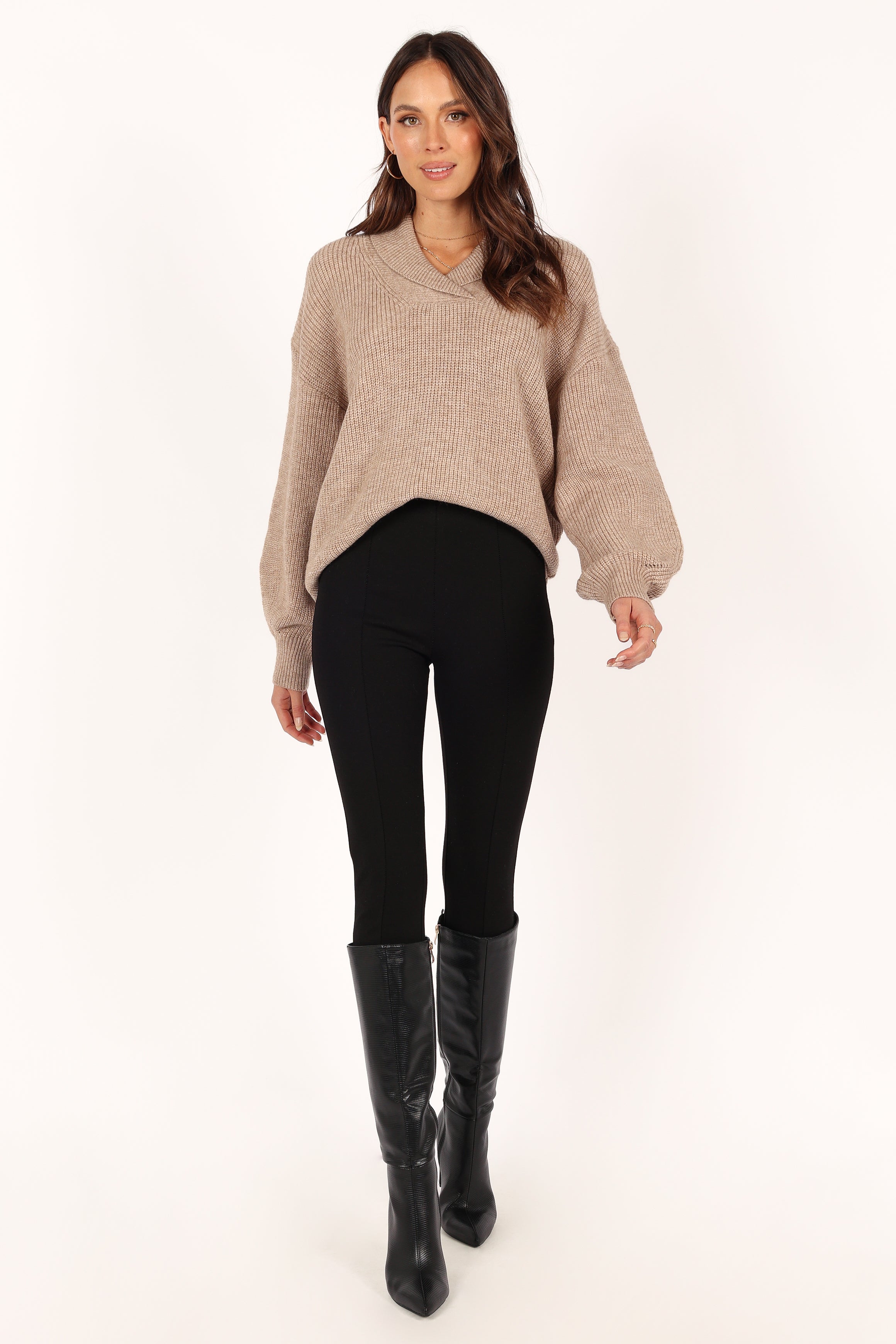KNITWEAR @Carly Collar Knit Sweater - Oatmeal