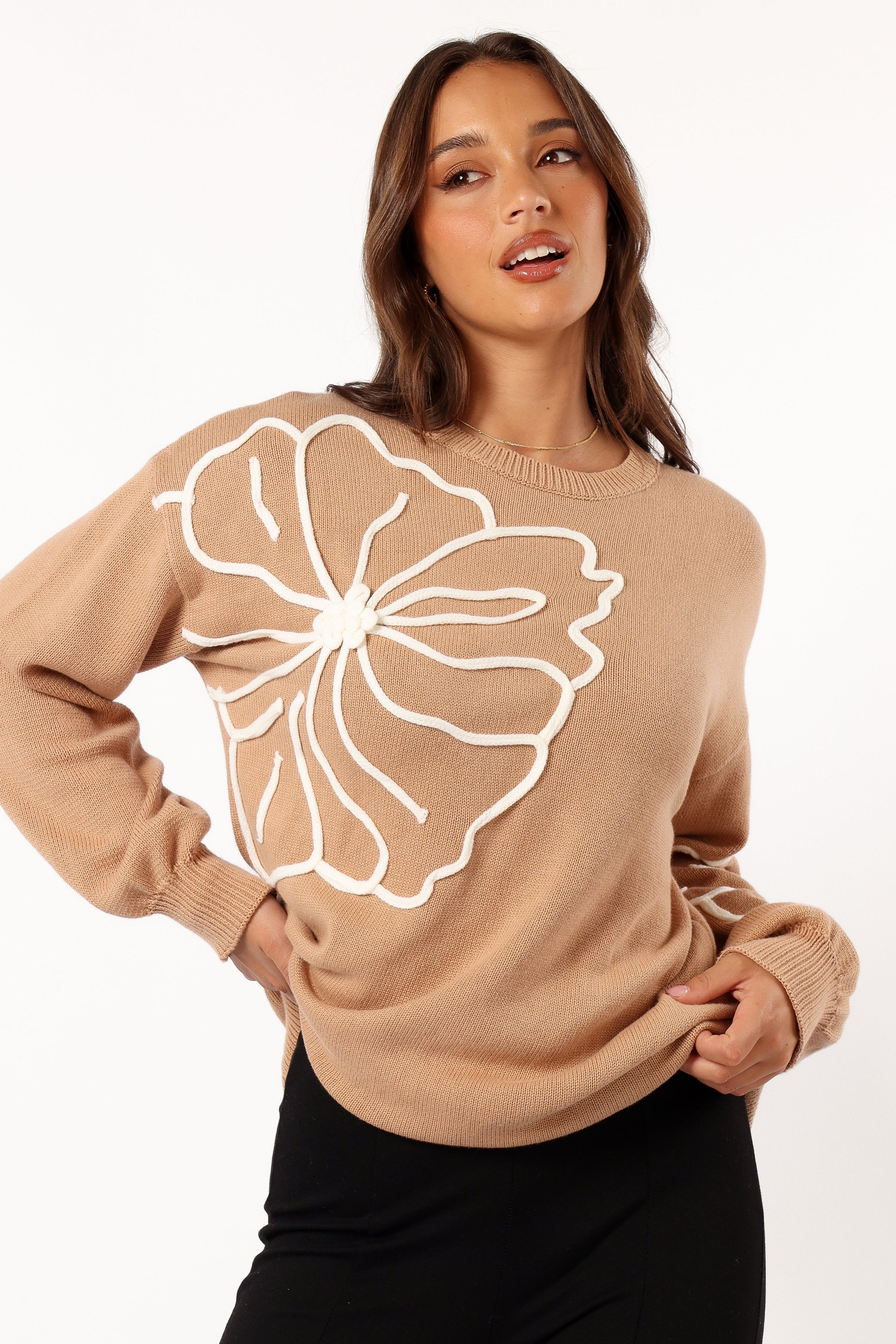 KNITWEAR @Carmello Flower Knit Sweater - Mocha