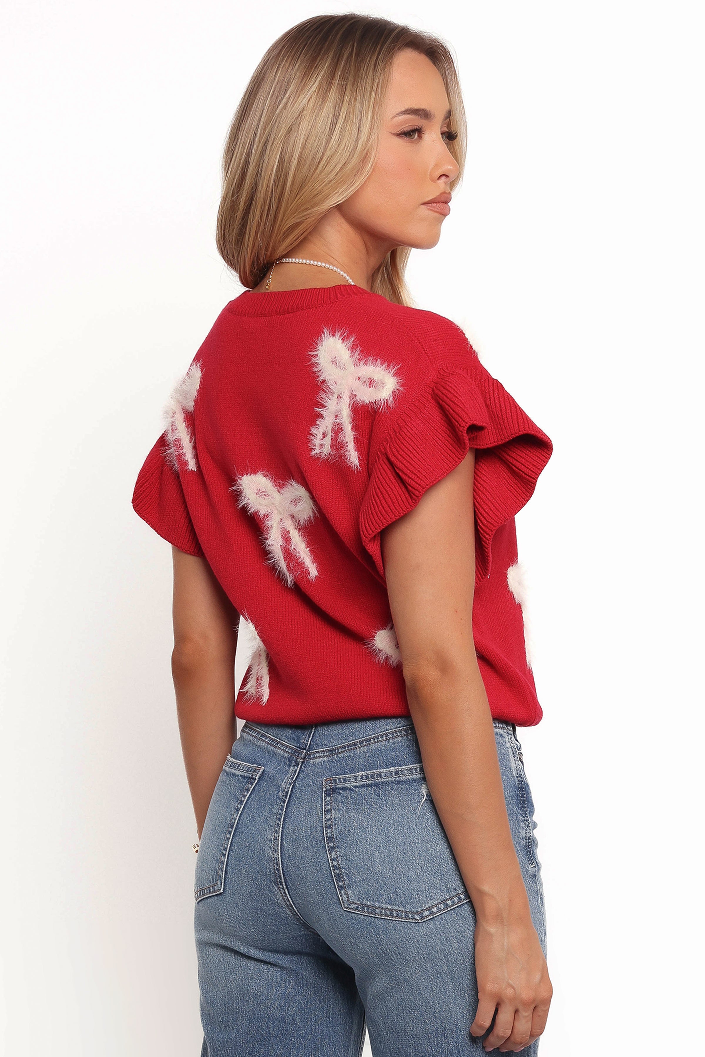 KNITWEAR Cherish Ruffle Sleeve Bow Knit Sweater - Red
