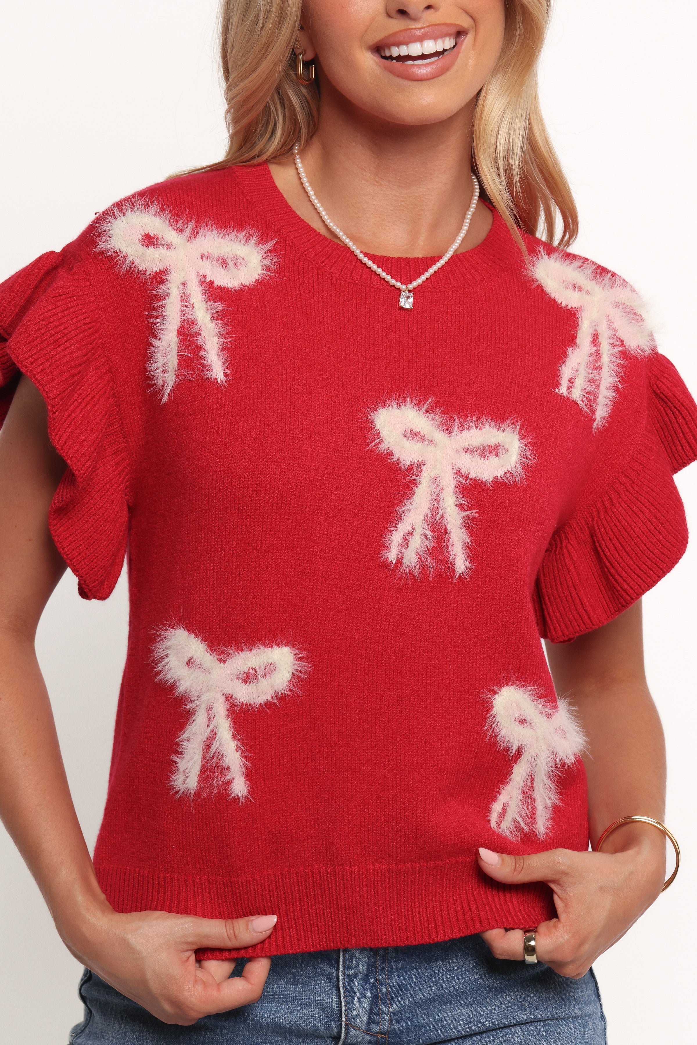 KNITWEAR Cherish Ruffle Sleeve Bow Knit Sweater - Red
