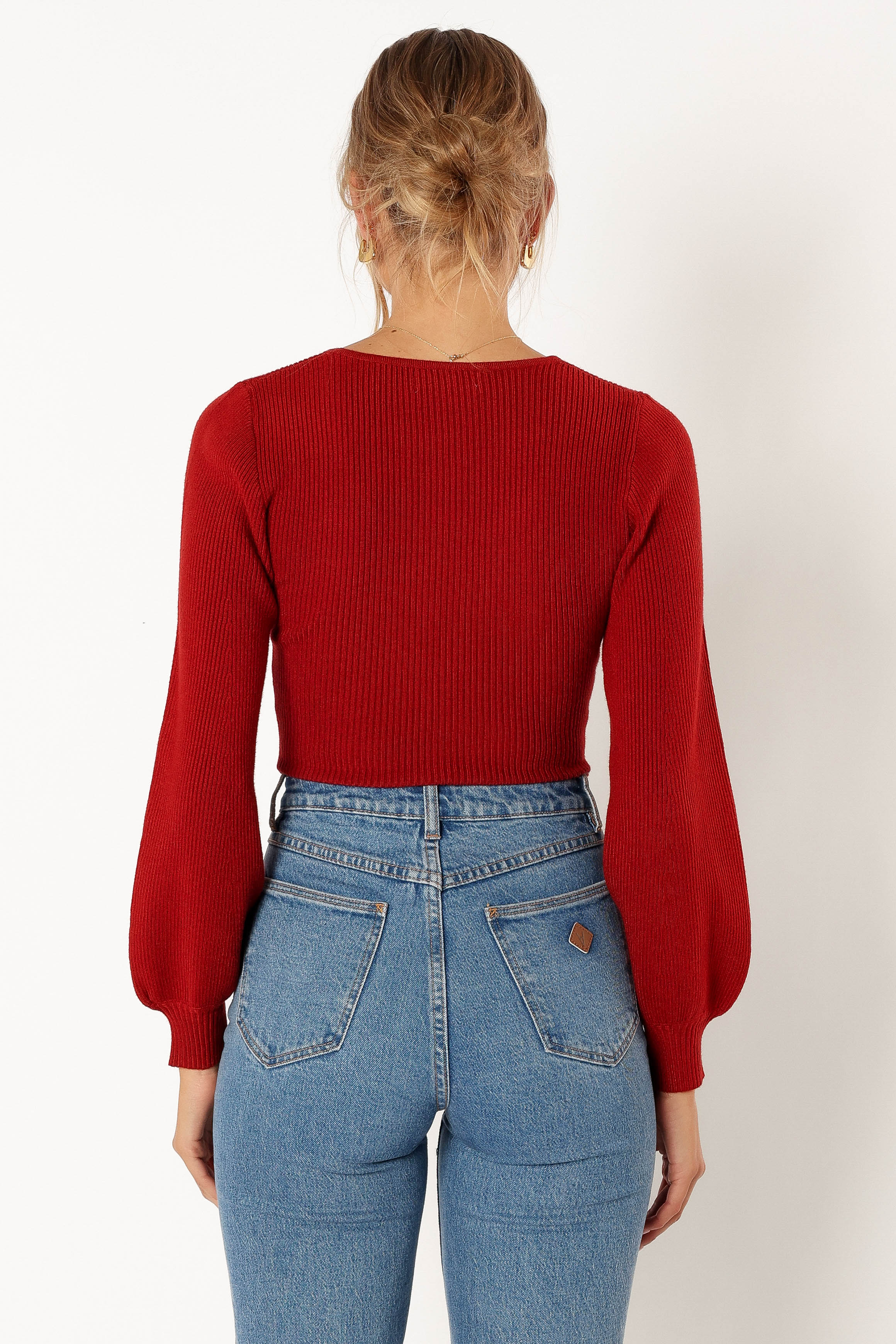 KNITWEAR @Daphne Crewneck Bubble Sleeve Knit Sweater - Burgundy