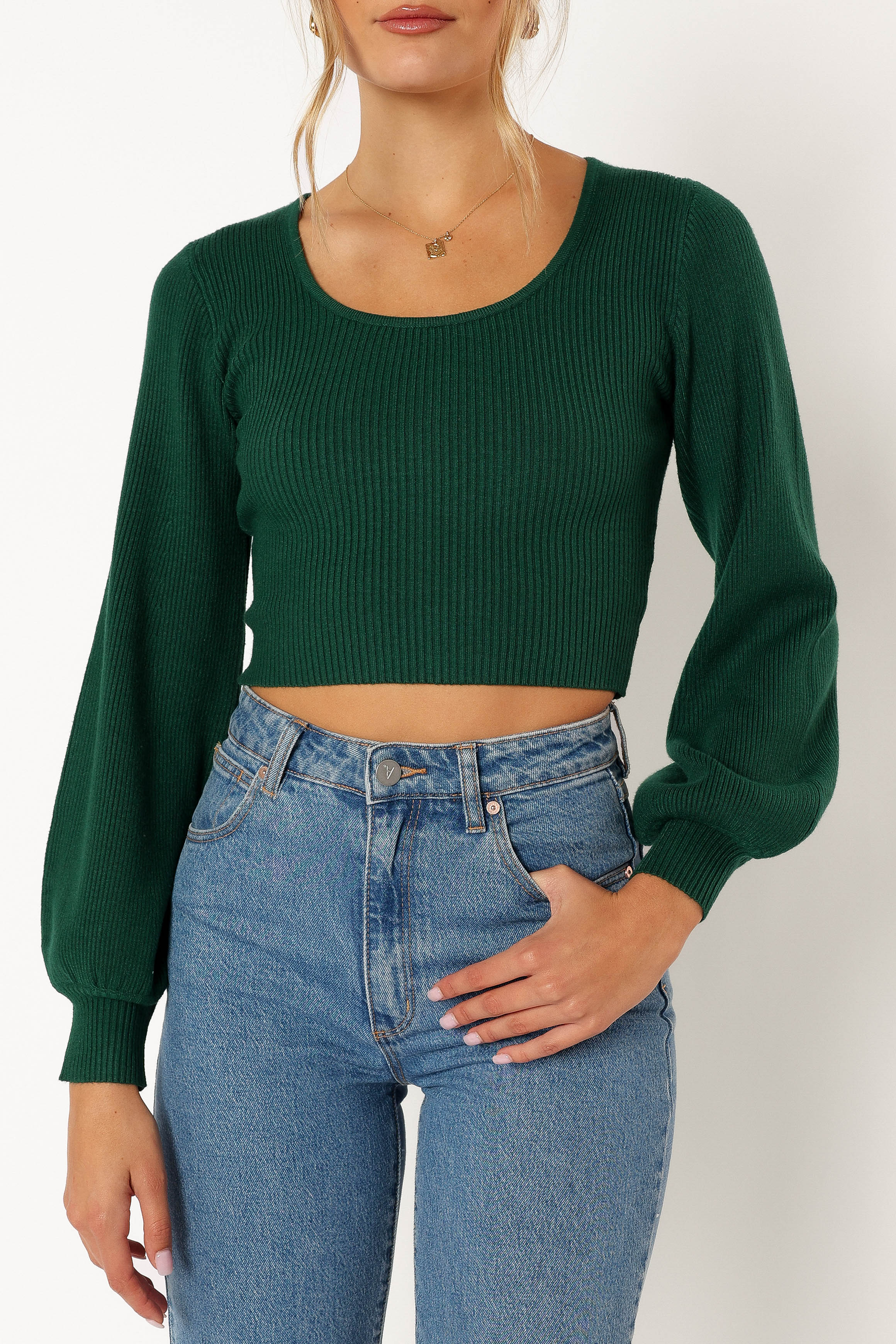 KNITWEAR @Daphne Crewneck Bubble Sleeve Knit Sweater - Dark Green