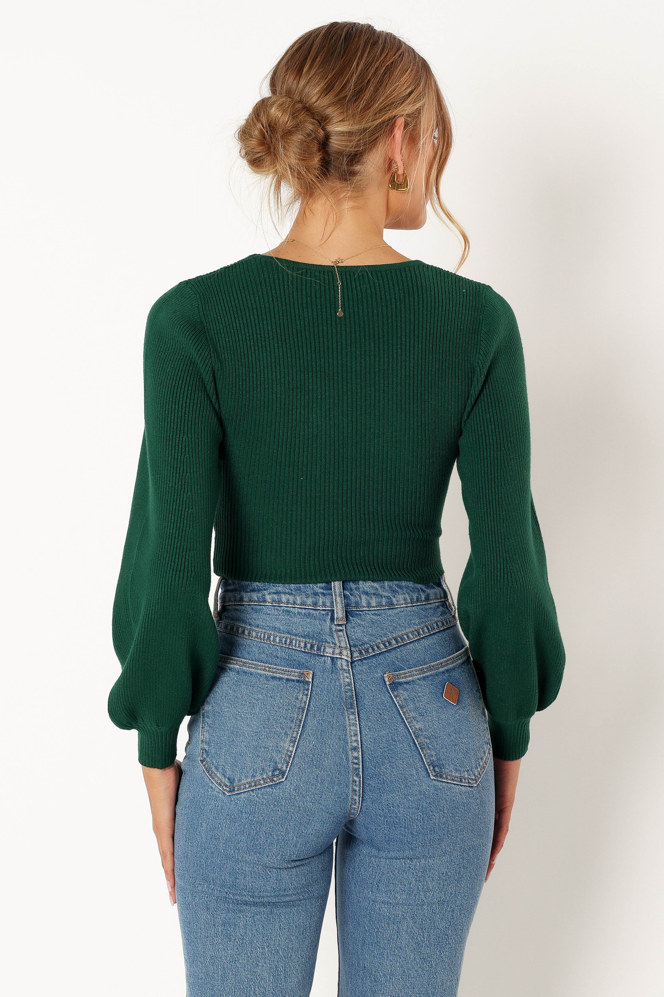 KNITWEAR @Daphne Crewneck Bubble Sleeve Knit Sweater - Dark Green