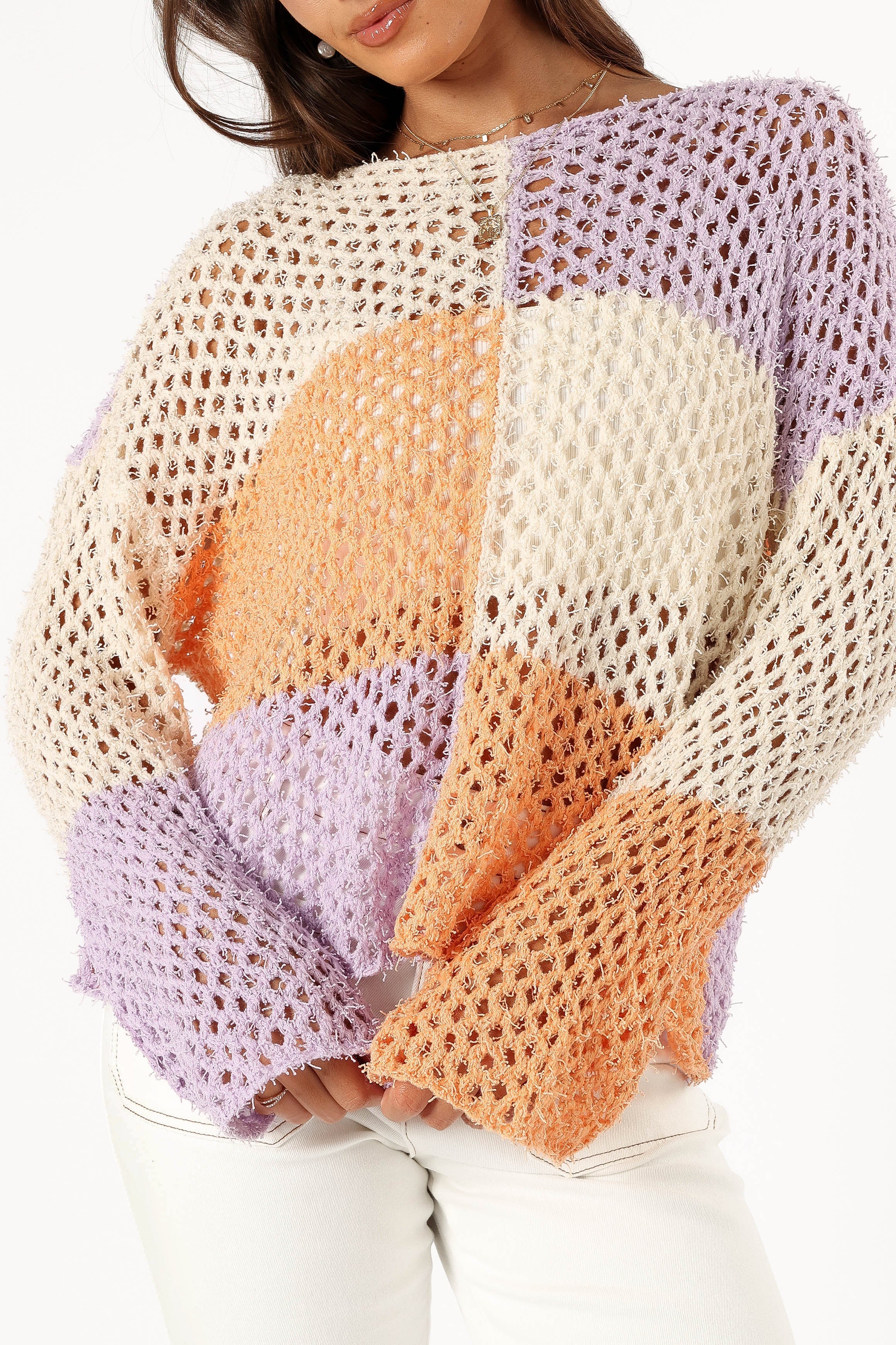 KNITWEAR @Dawn Color Block Knit Sweater - Cream/Lavender