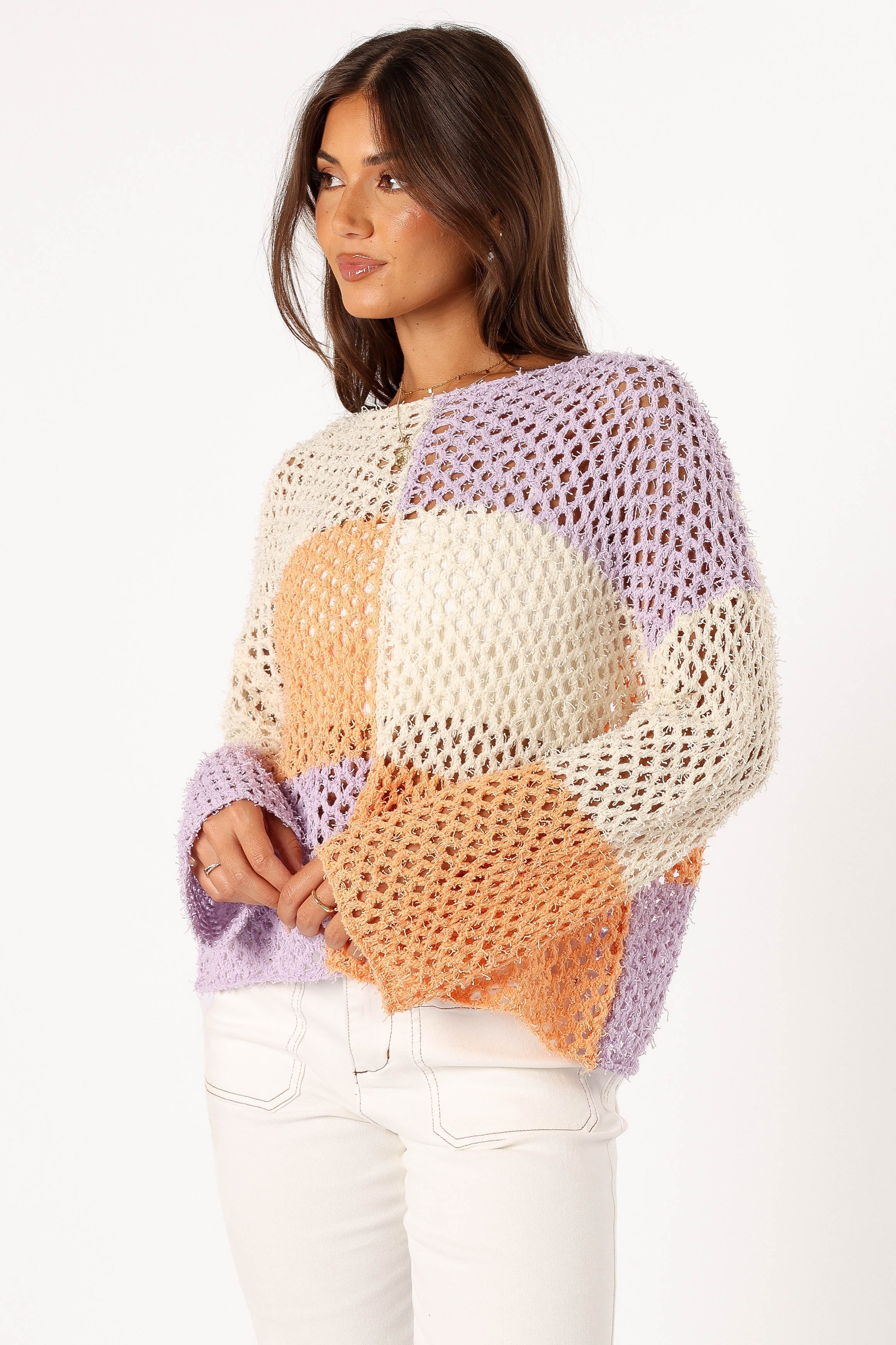 KNITWEAR @Dawn Color Block Knit Sweater - Cream/Lavender