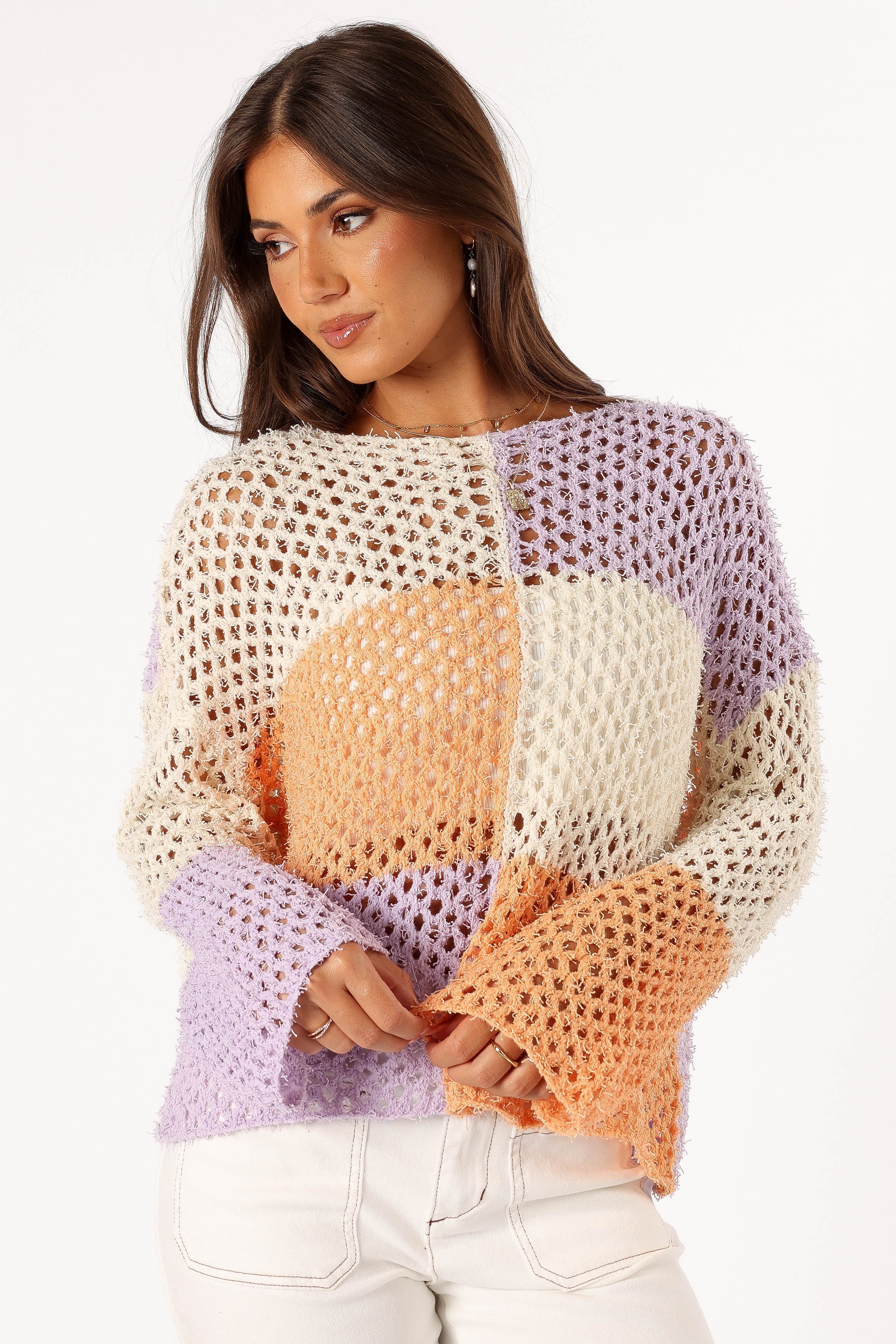 KNITWEAR @Dawn Color Block Knit Sweater - Cream/Lavender