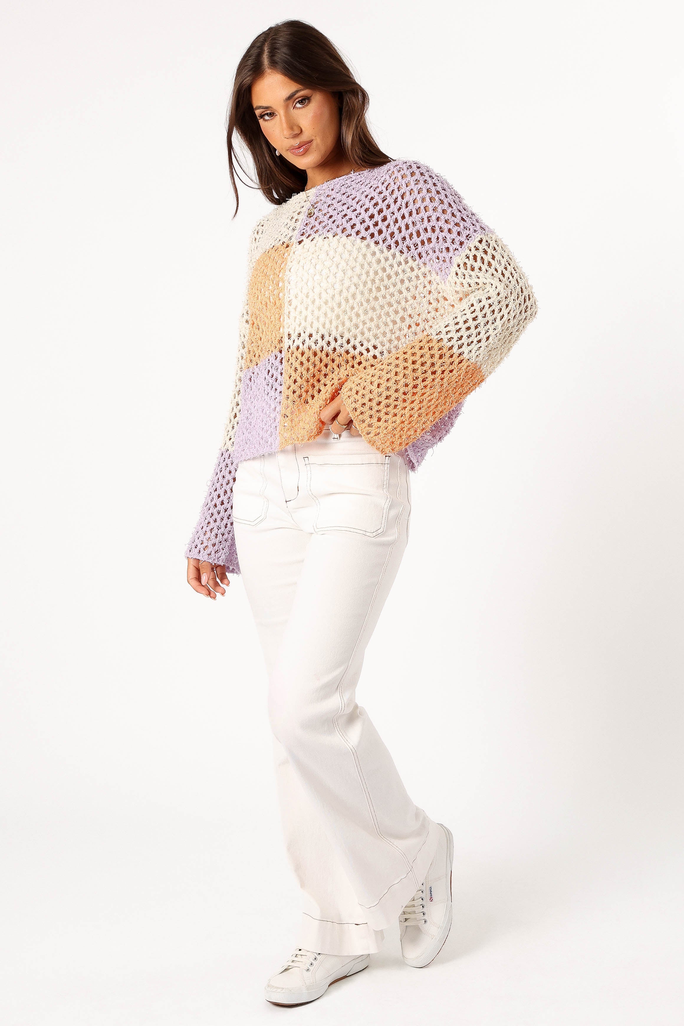 KNITWEAR @Dawn Color Block Knit Sweater - Cream/Lavender