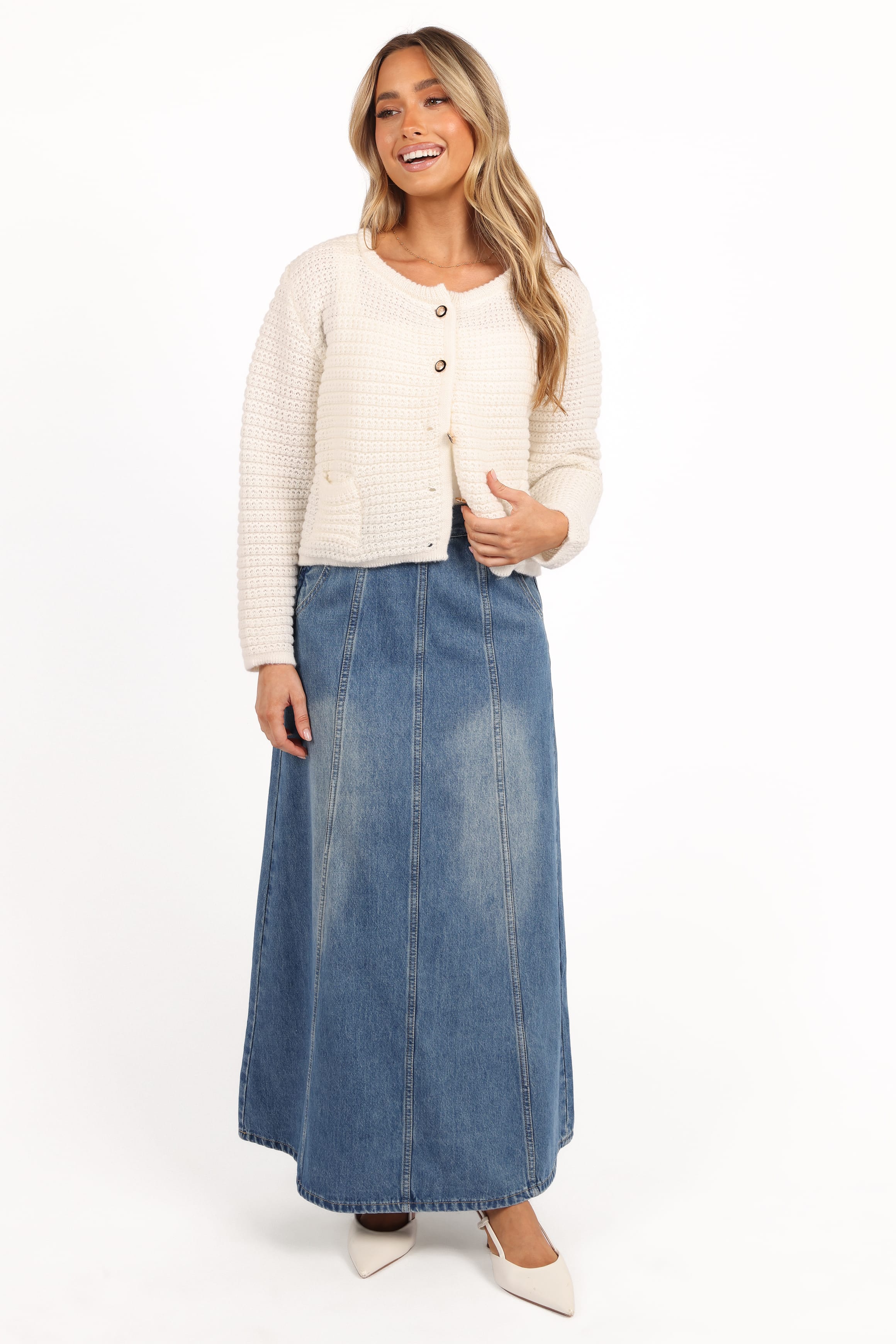 KNITWEAR Decket Button Front Cardigan - White