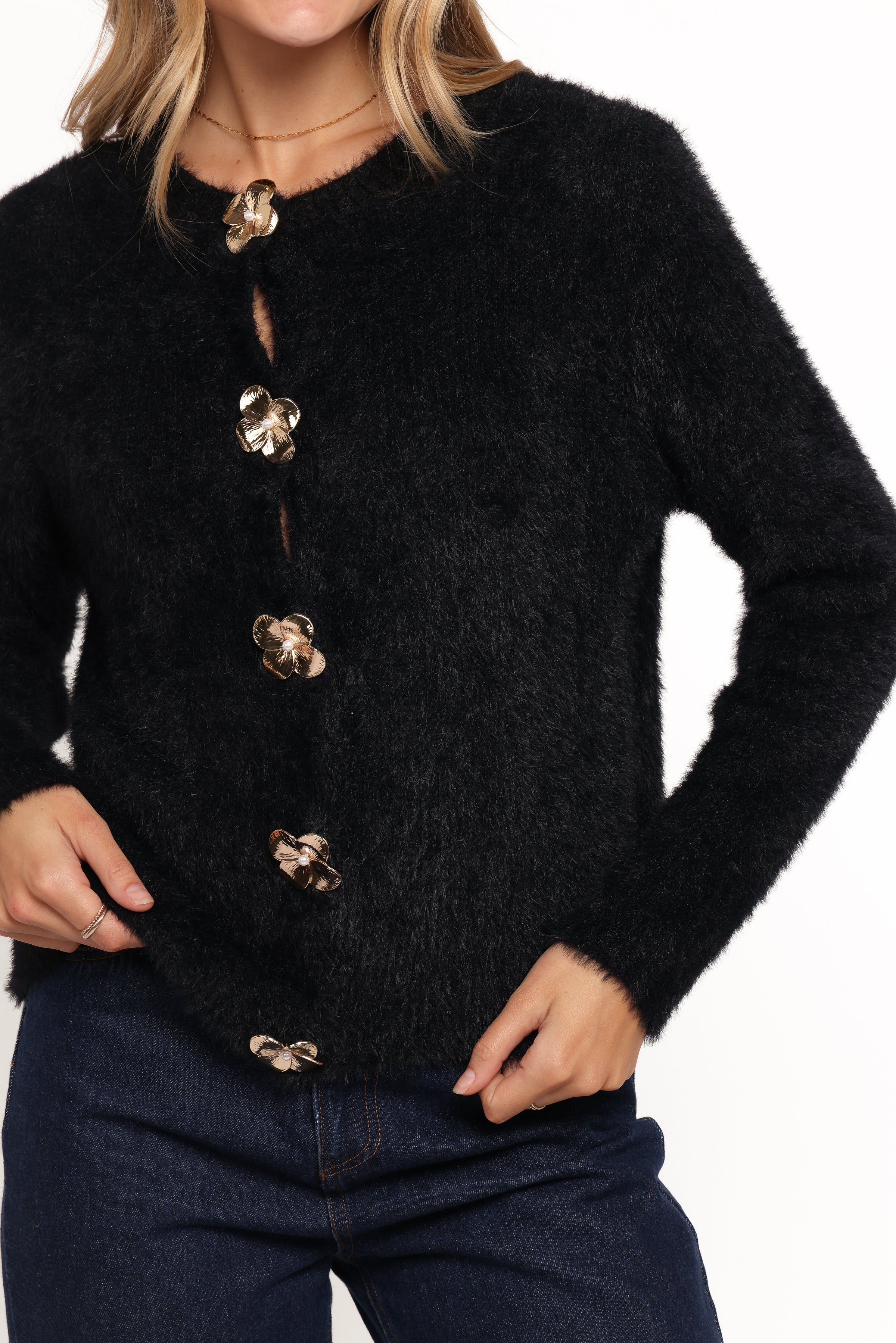 KNITWEAR Donna Flower Button Cardigan - Black