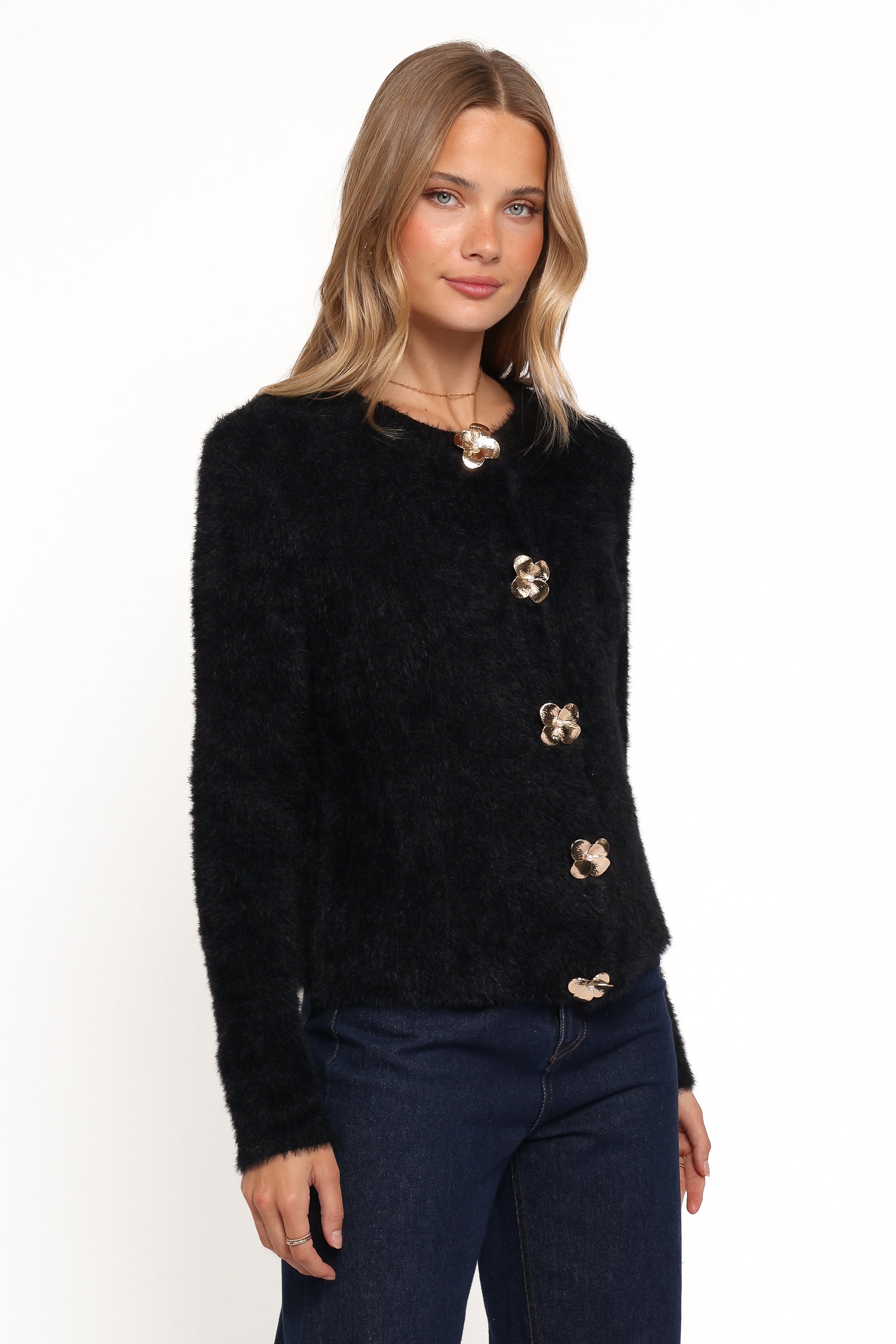 KNITWEAR Donna Flower Button Cardigan - Black
