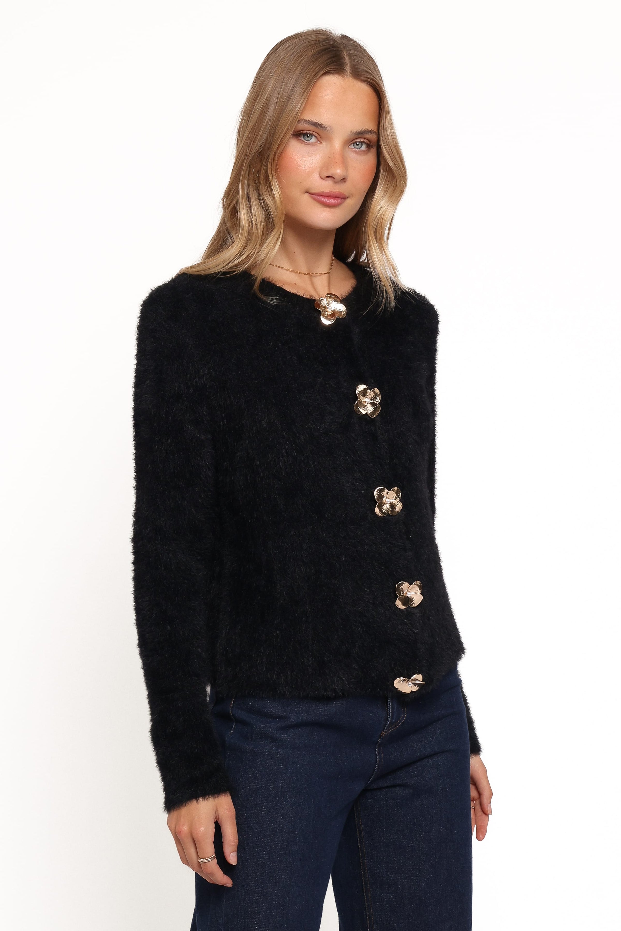 KNITWEAR Donna Flower Button Cardigan - Black