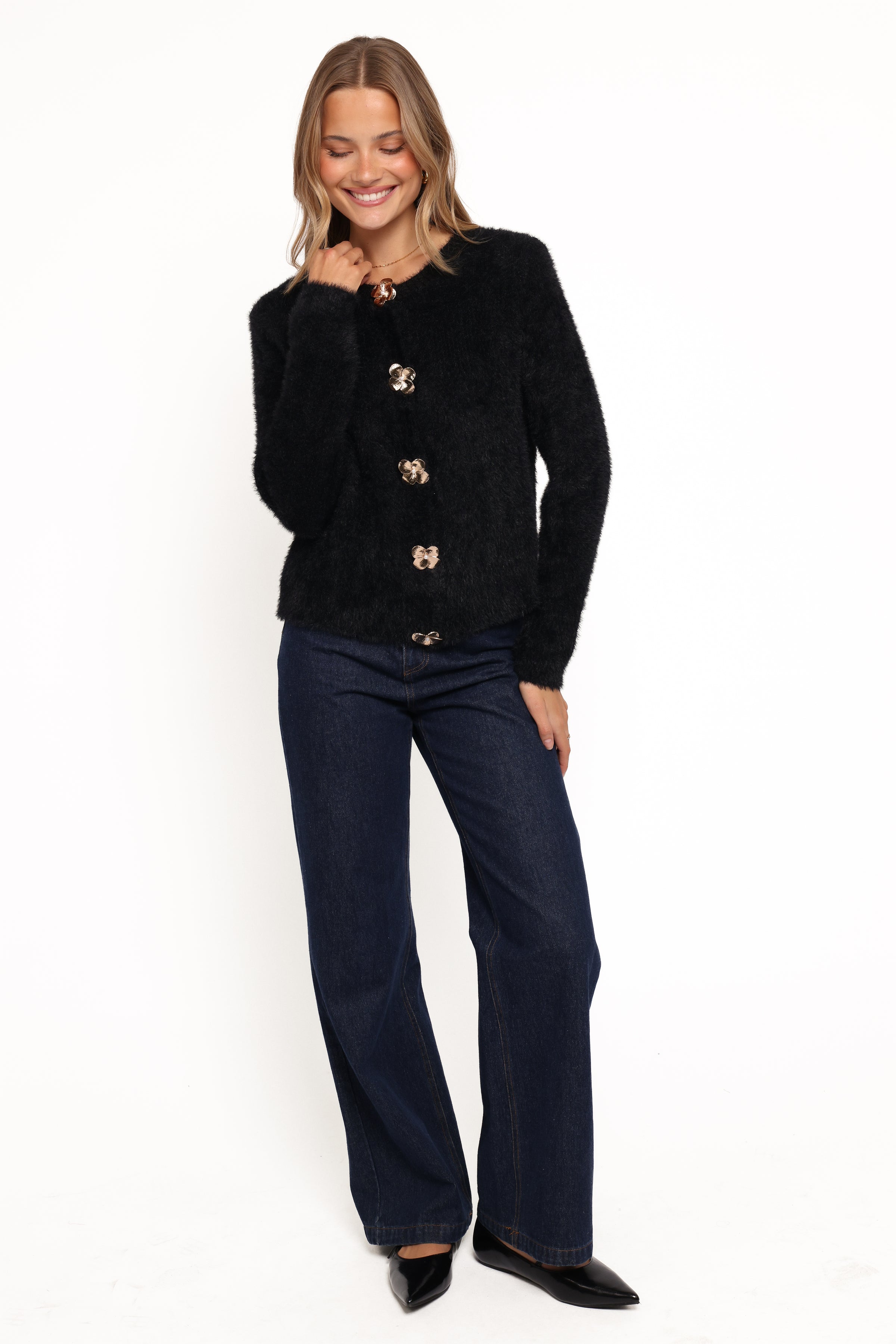 KNITWEAR Donna Flower Button Cardigan - Black