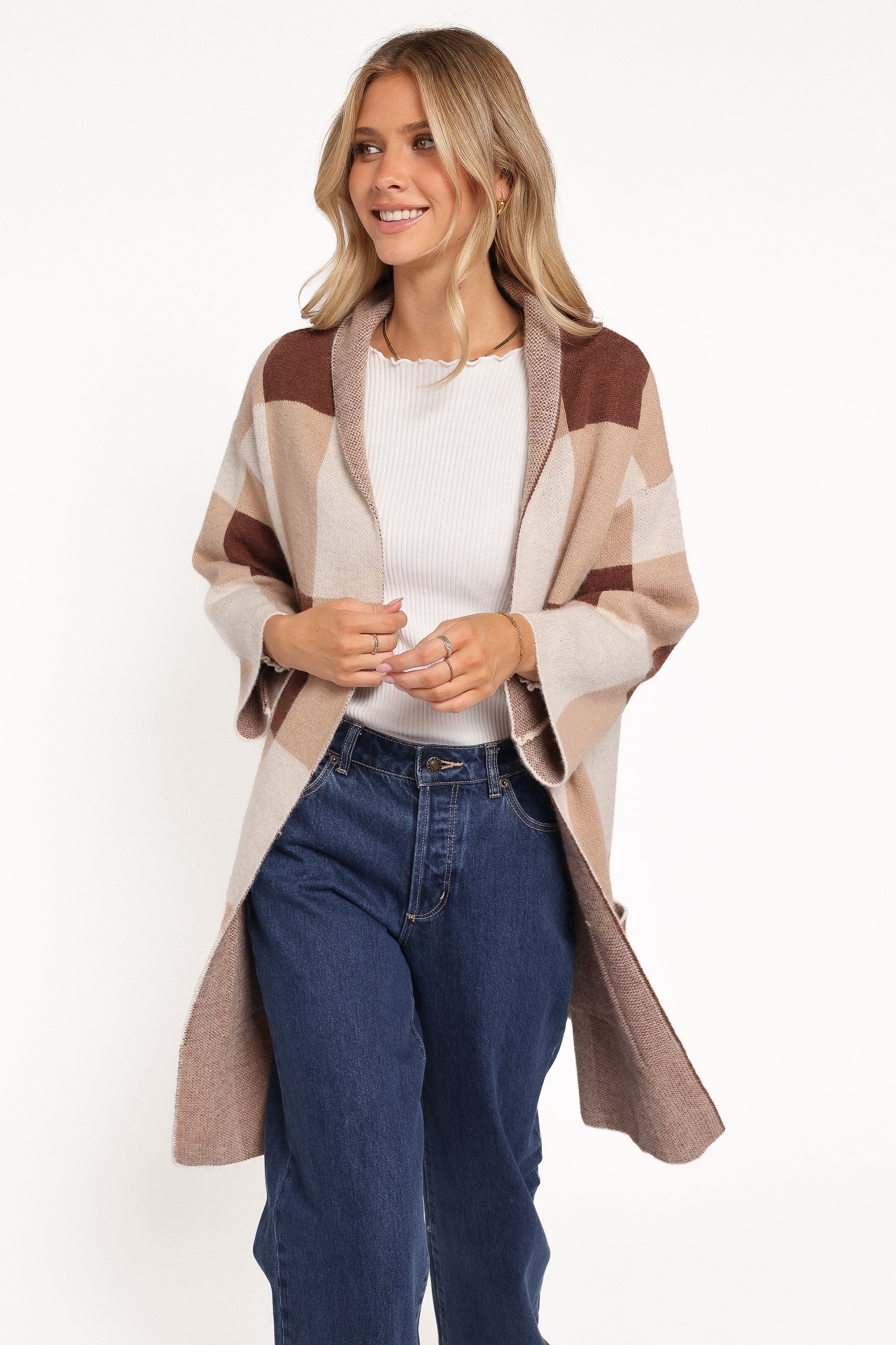 KNITWEAR Ecoya Long Cardigan - Brown Plaid