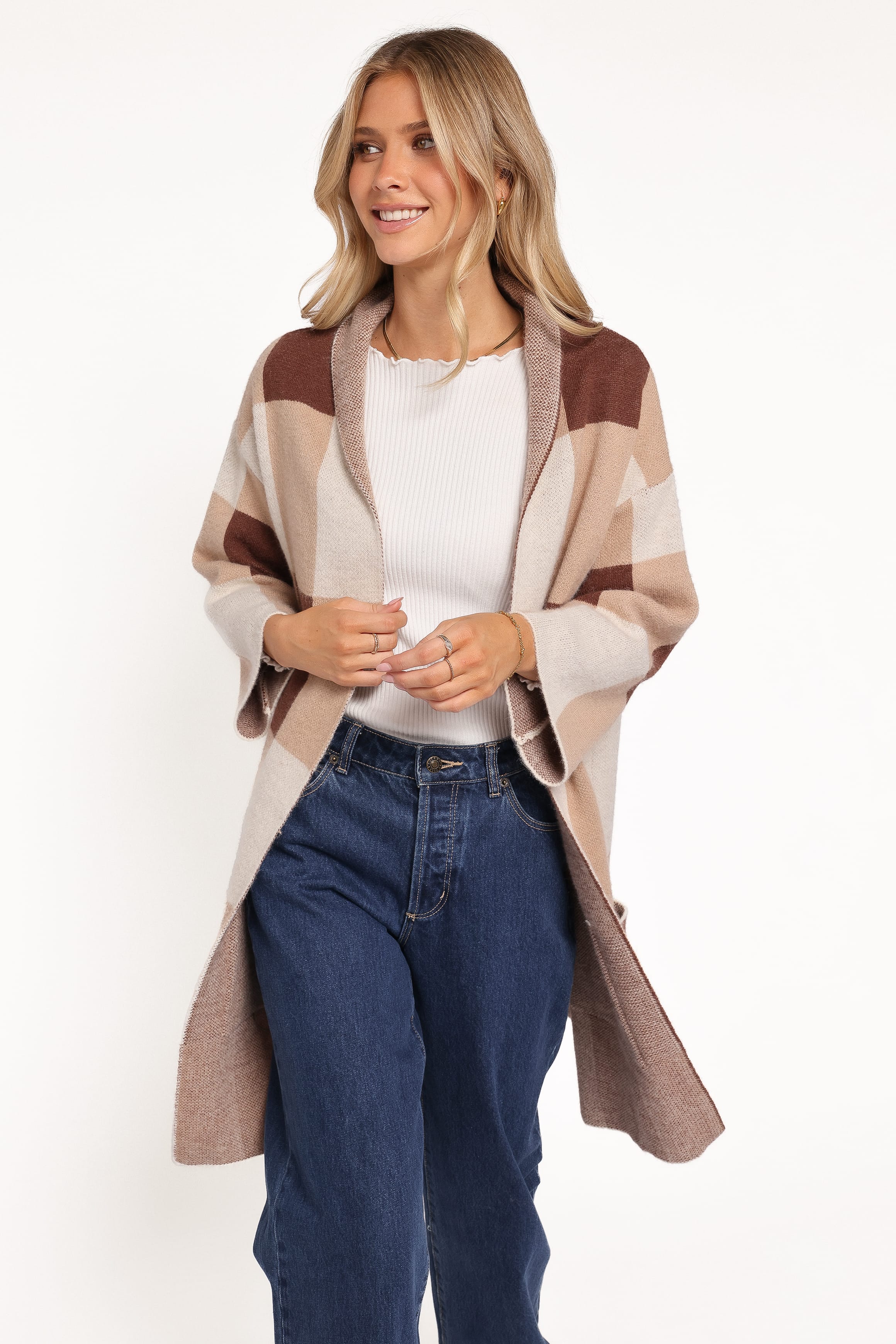 KNITWEAR Ecoya Long Cardigan - Brown Plaid