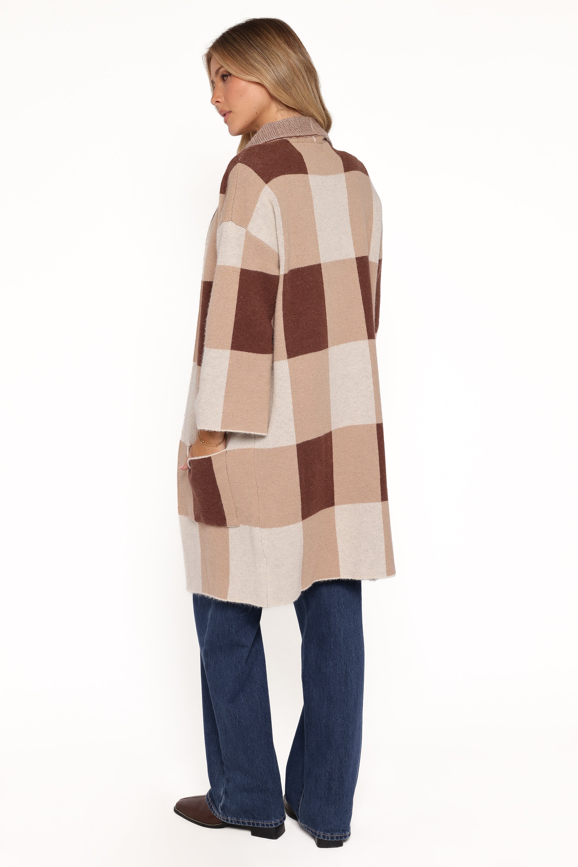 KNITWEAR Ecoya Long Cardigan - Brown Plaid