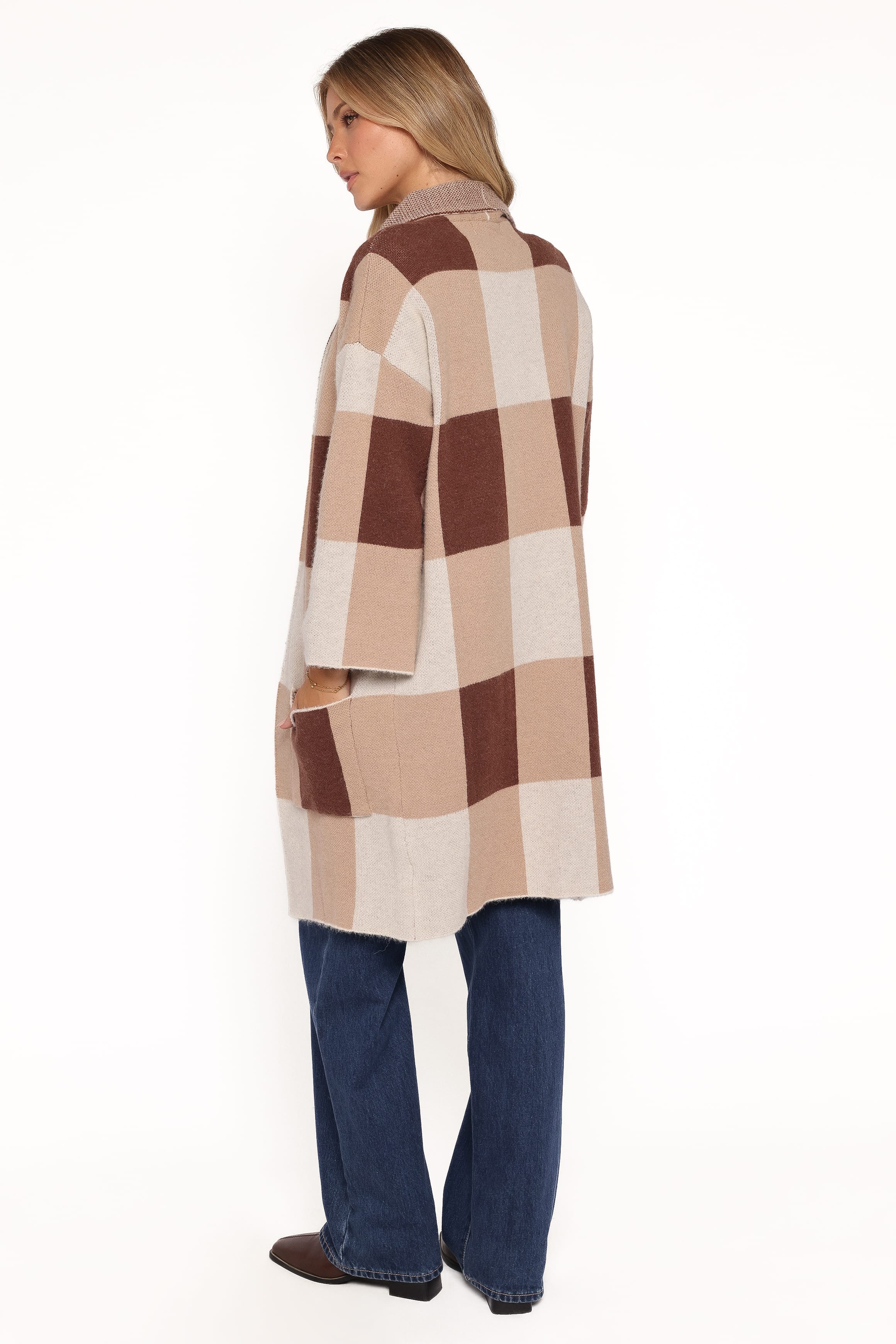 KNITWEAR Ecoya Long Cardigan - Brown Plaid