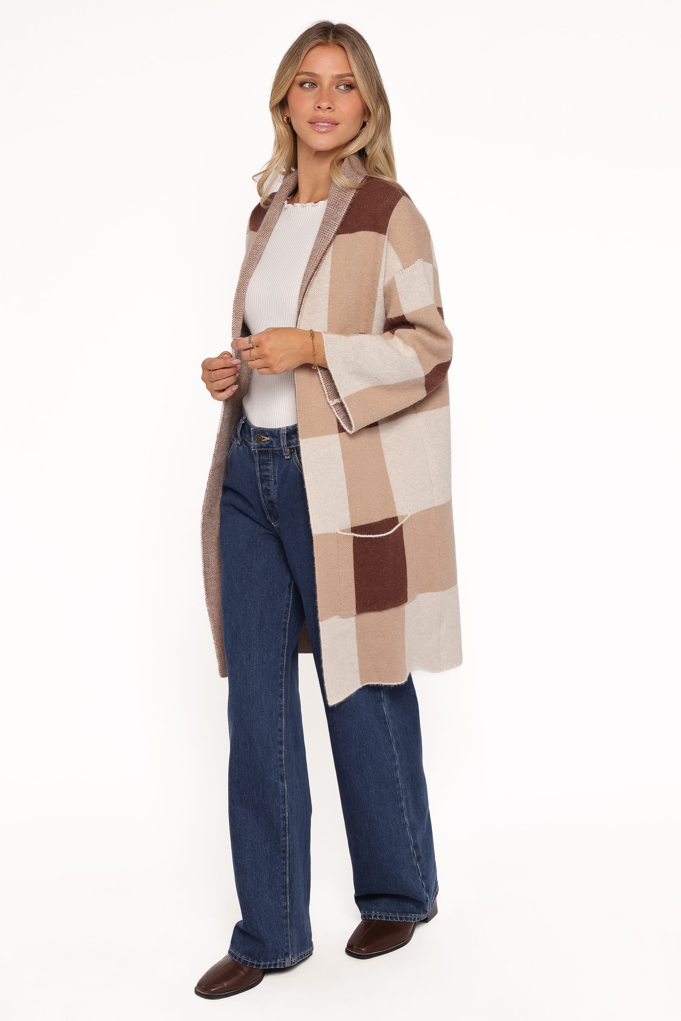 KNITWEAR Ecoya Long Cardigan - Brown Plaid