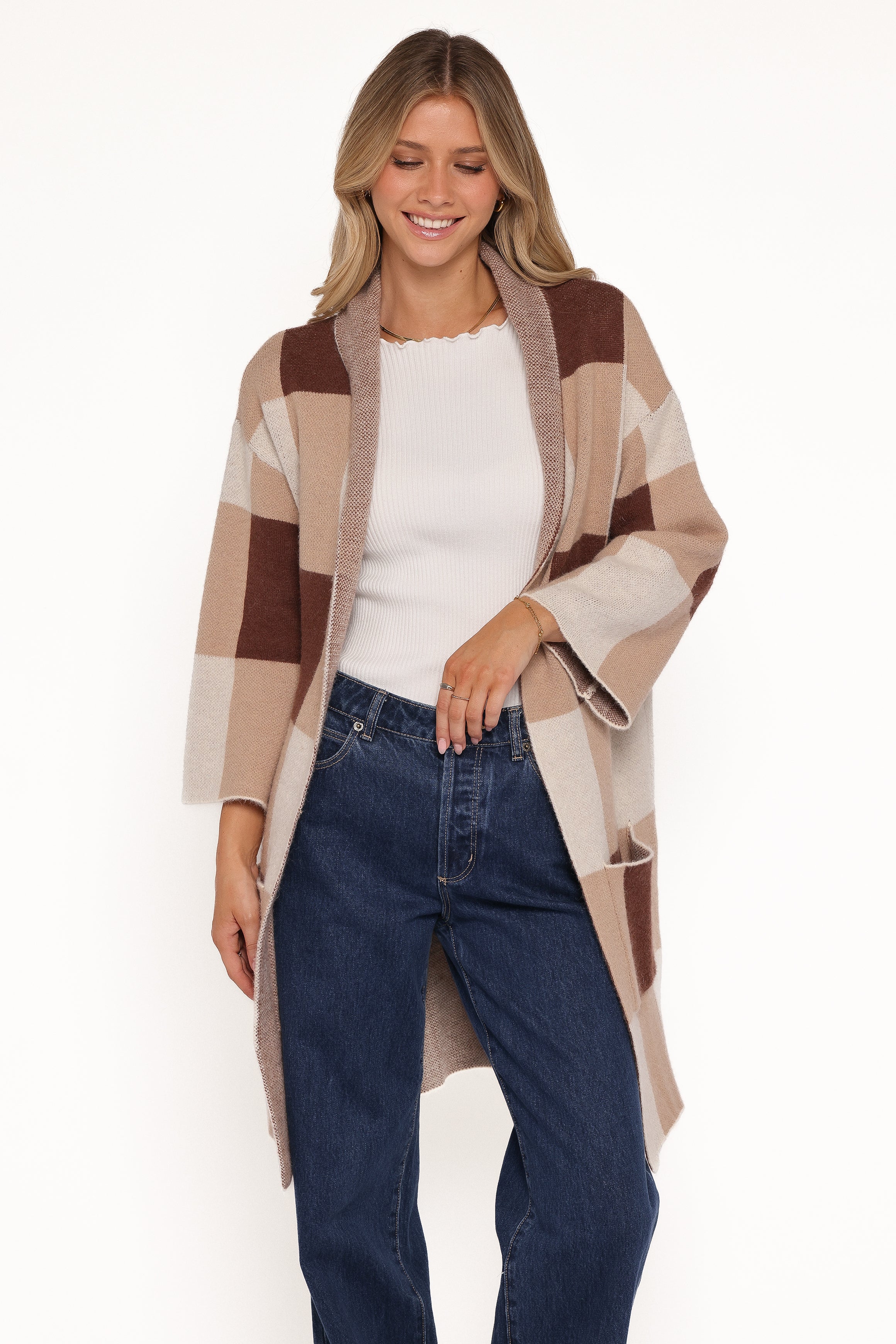 KNITWEAR Ecoya Long Cardigan - Brown Plaid