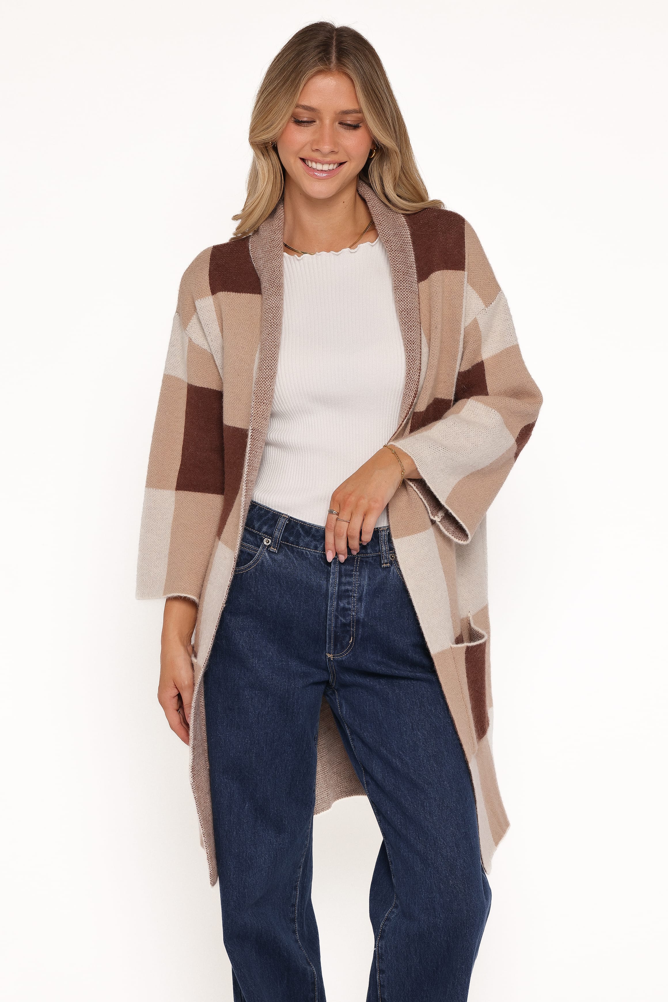 KNITWEAR Ecoya Long Cardigan - Brown Plaid