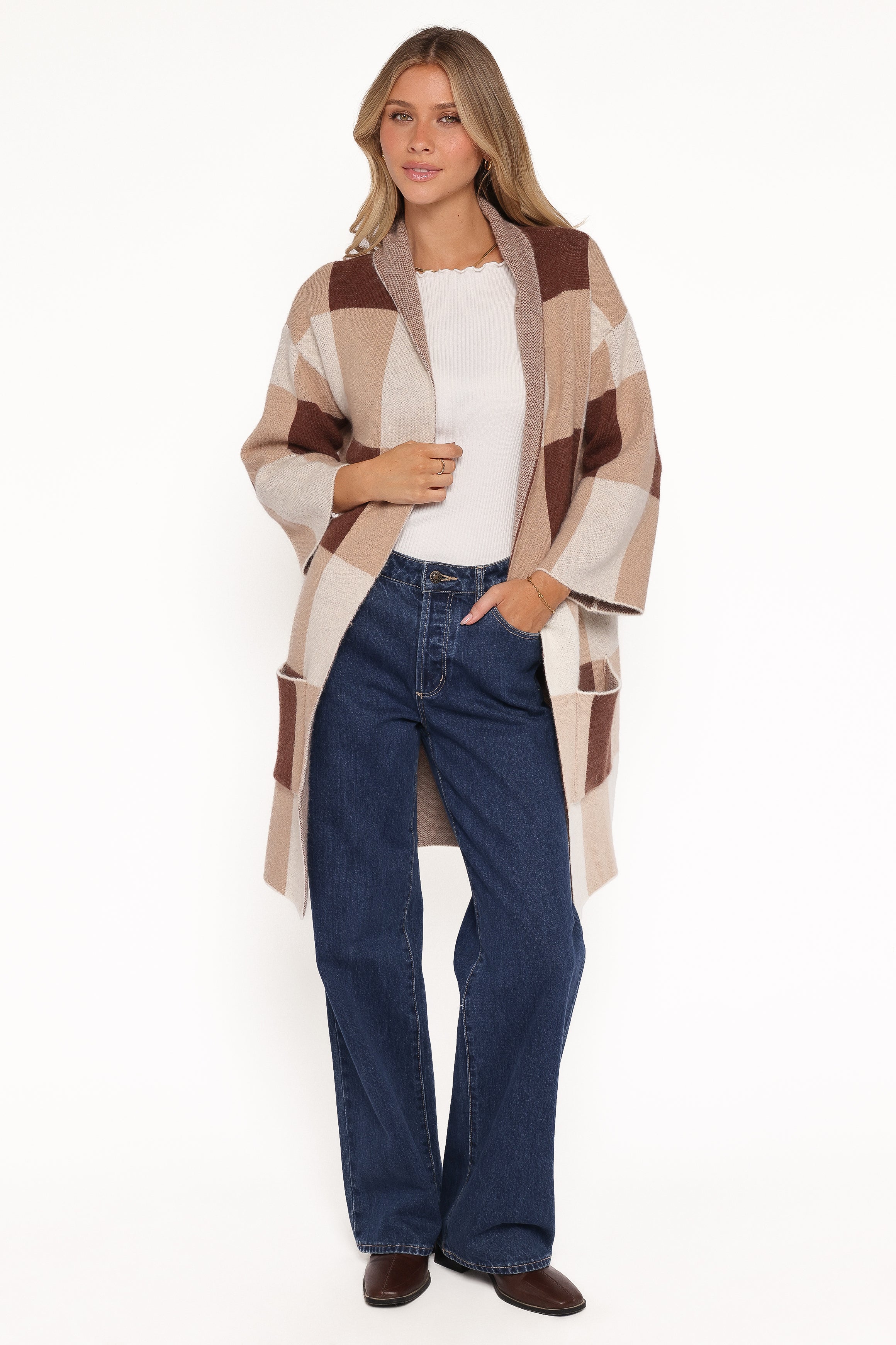 KNITWEAR Ecoya Long Cardigan - Brown Plaid