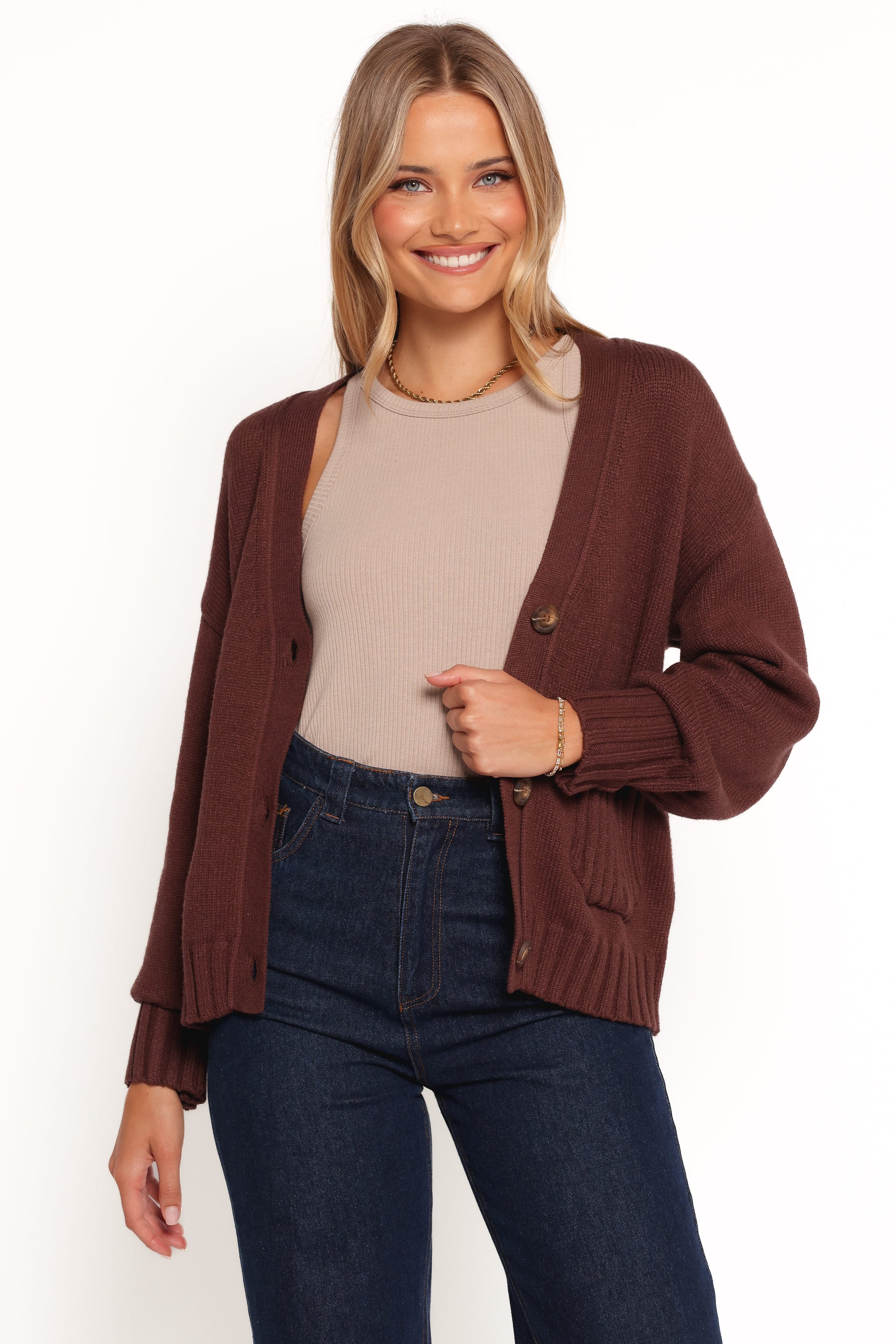 KNITWEAR Eden Button Front Cardigan - Brown