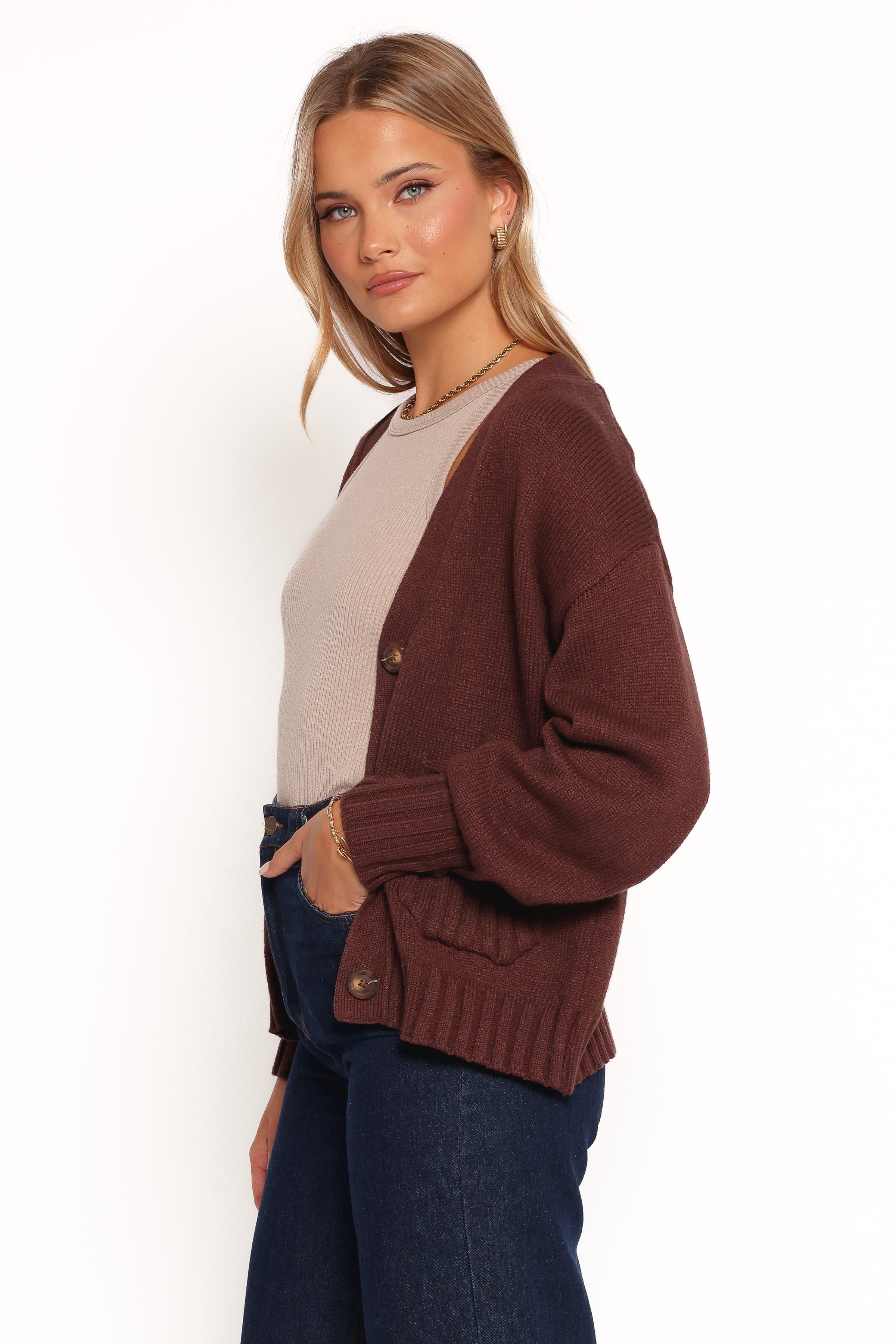 KNITWEAR Eden Button Front Cardigan - Brown