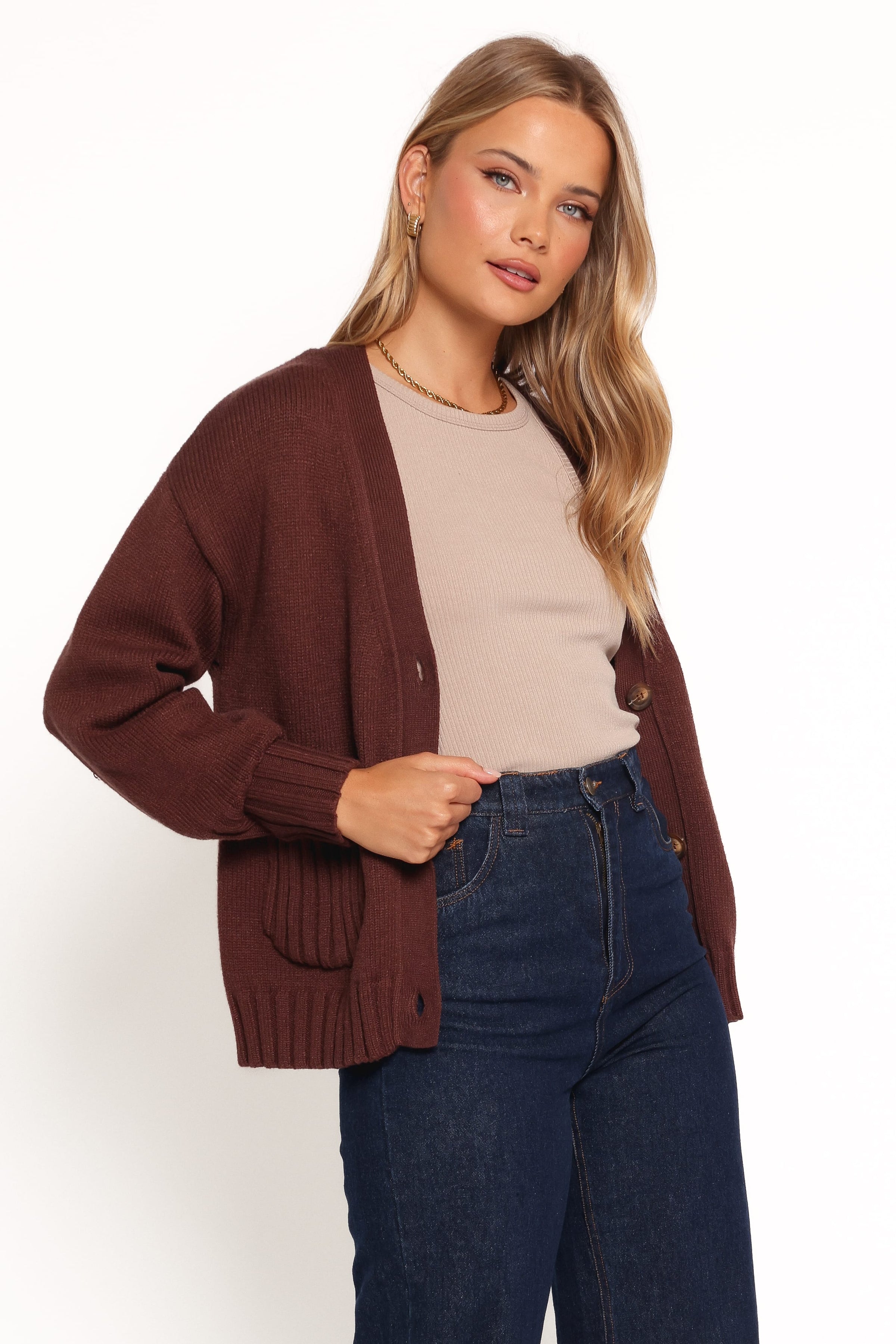 KNITWEAR Eden Button Front Cardigan - Brown