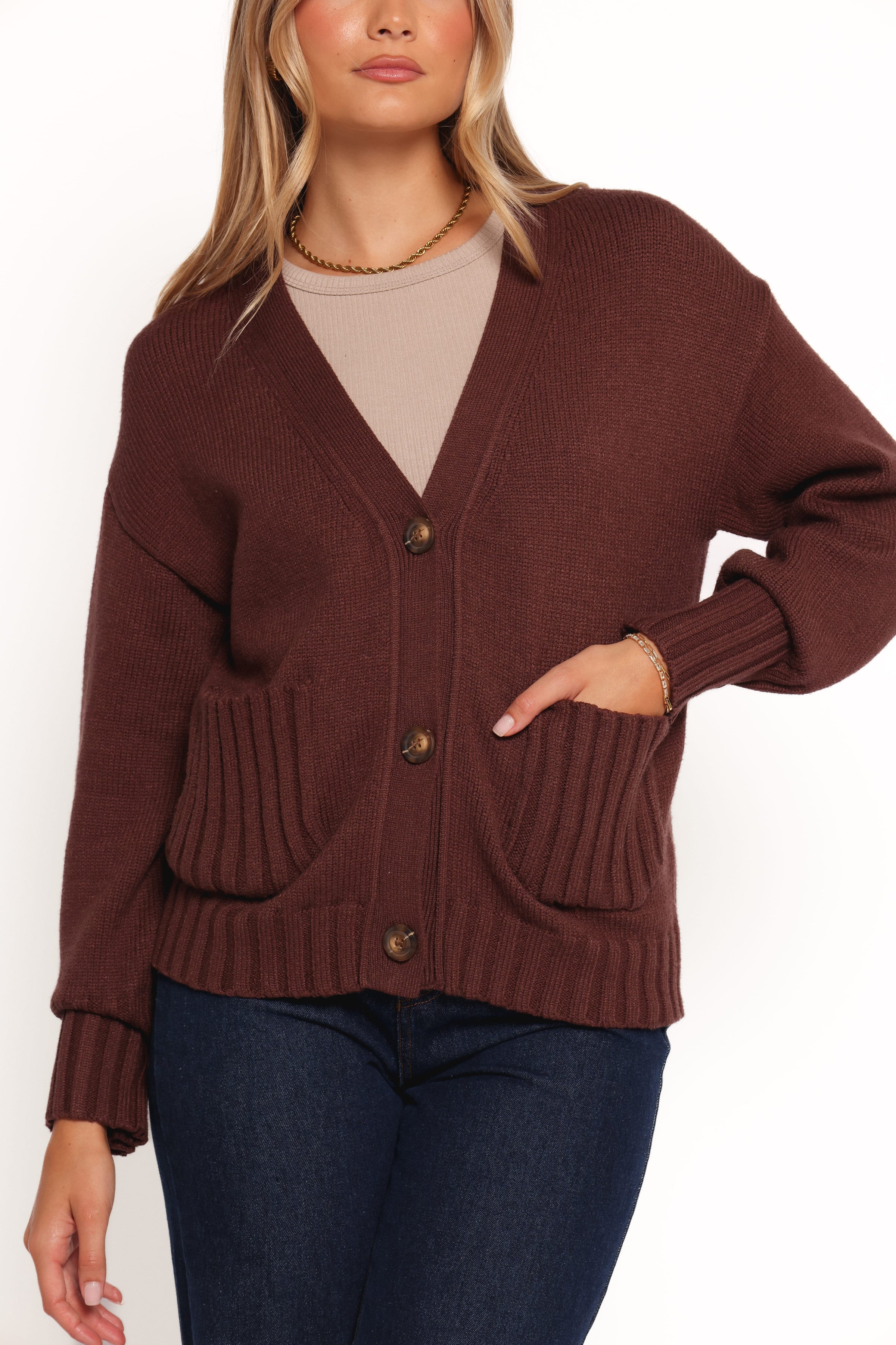KNITWEAR Eden Button Front Cardigan - Brown