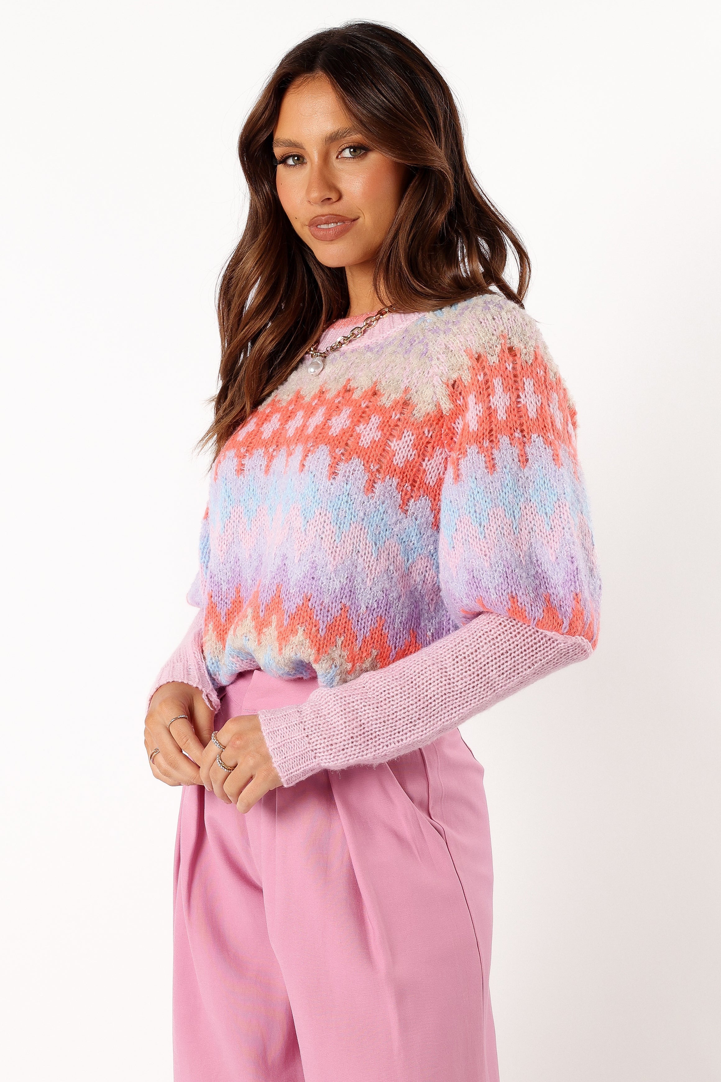 KNITWEAR @Emerson Fairisle Knit Sweater - Coral/Blue