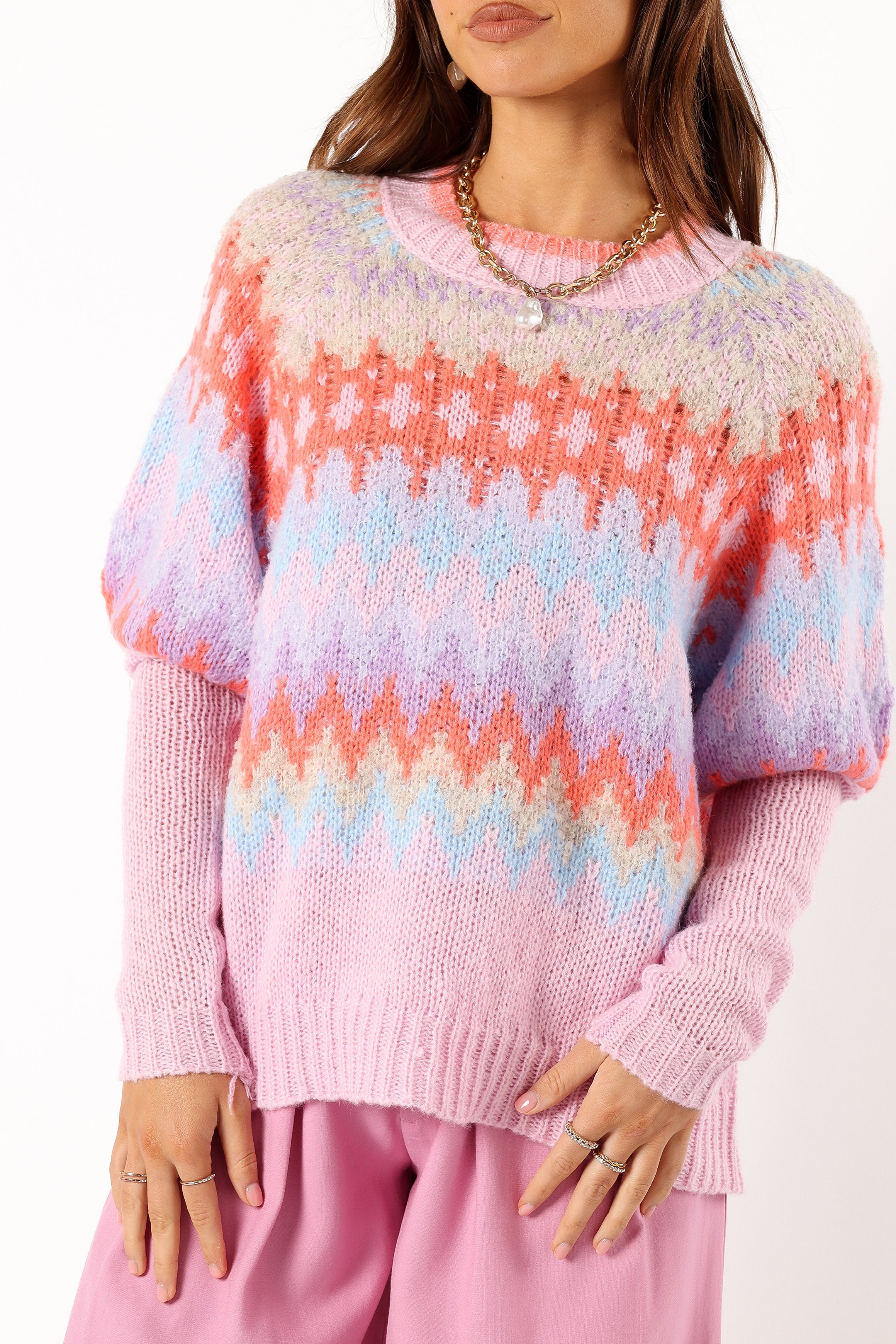KNITWEAR @Emerson Fairisle Knit Sweater - Coral/Blue
