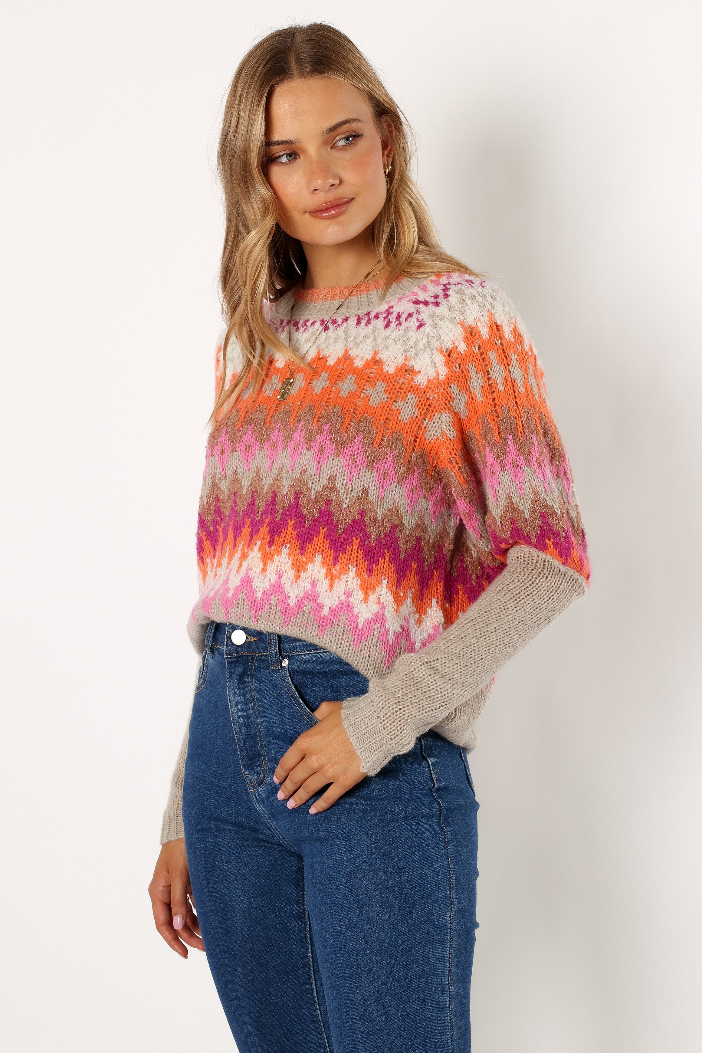 KNITWEAR @Emerson Fairisle Knit Sweater - Orange/Pink