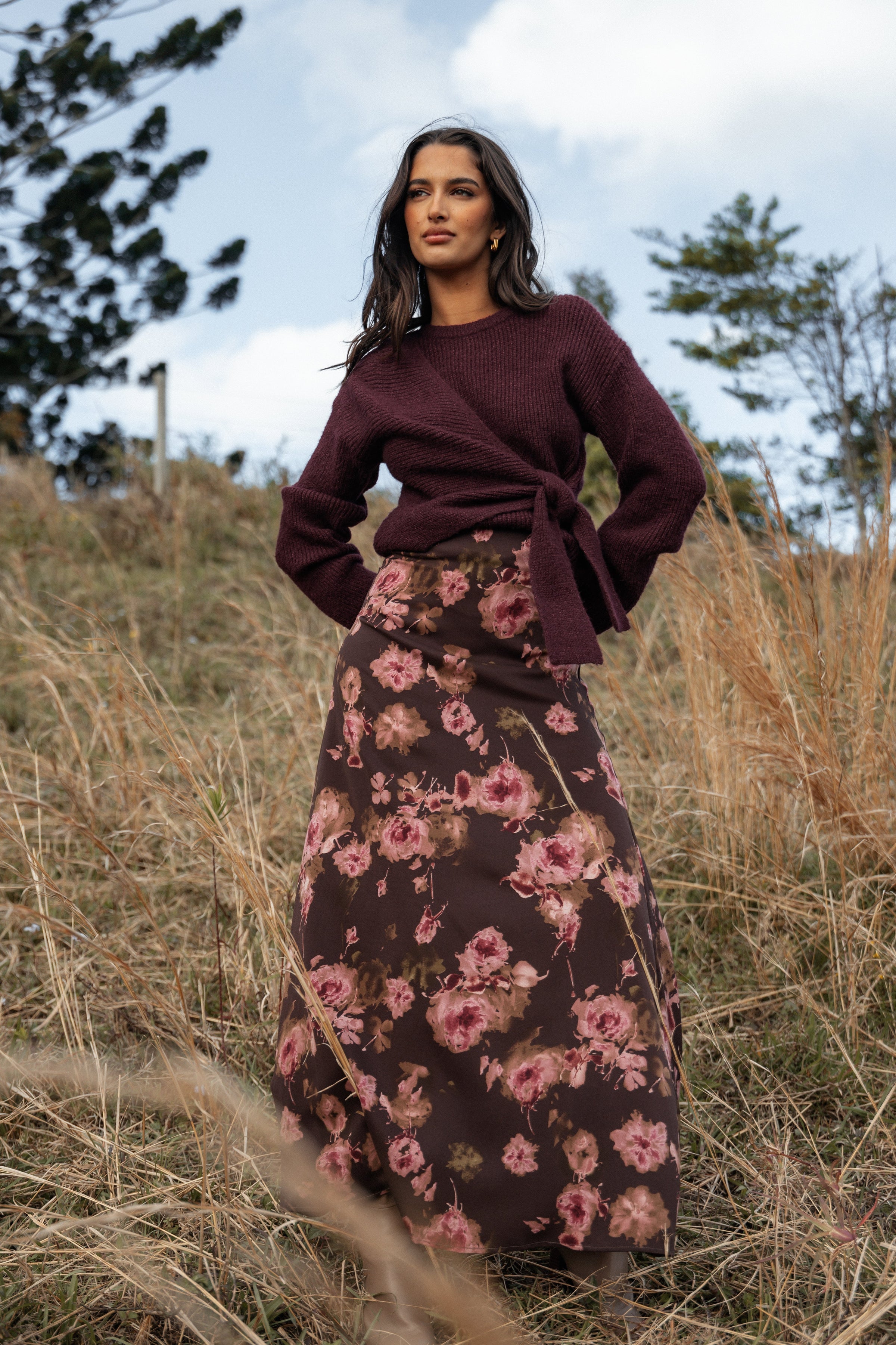 KNITWEAR Ettie Wrap Side Tie Knit Sweater - Burgundy