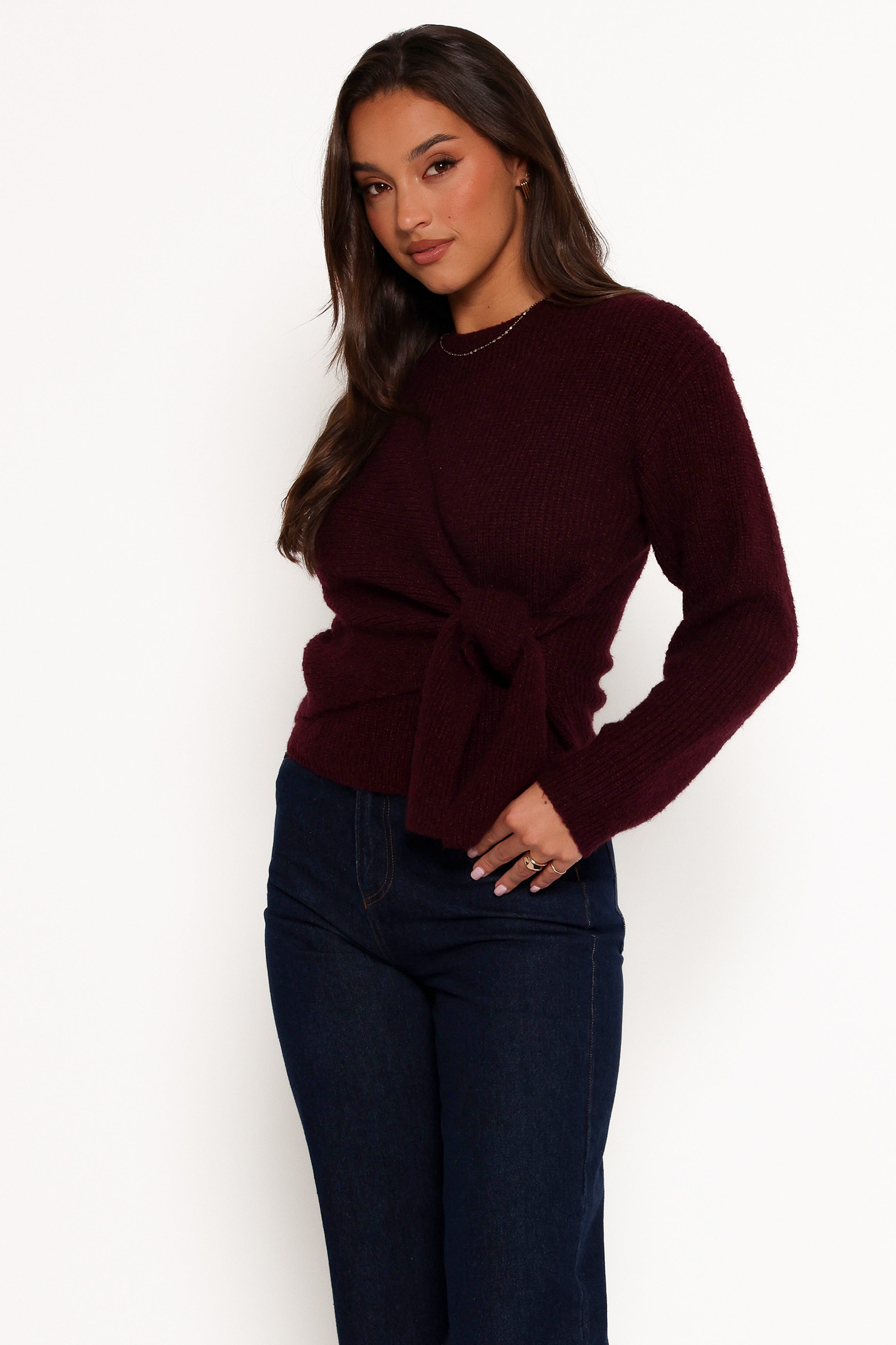 KNITWEAR Ettie Wrap Side Tie Knit Sweater - Burgundy