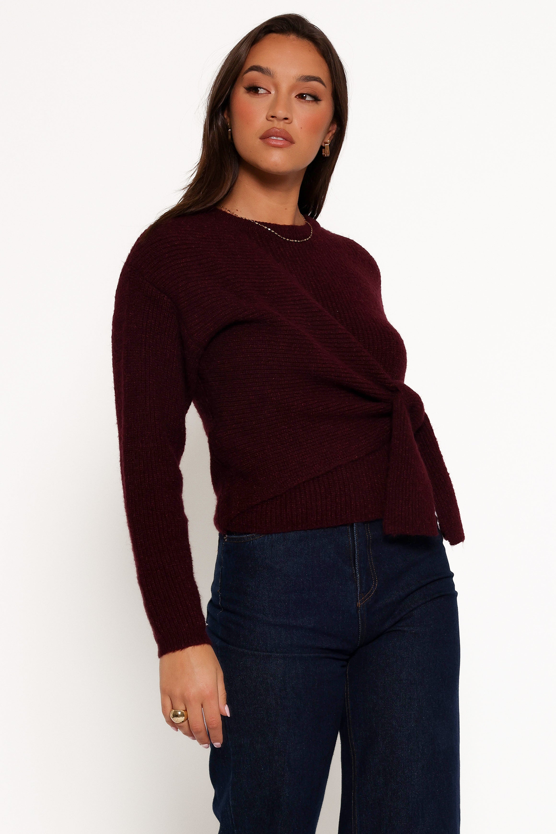 KNITWEAR Ettie Wrap Side Tie Knit Sweater - Burgundy